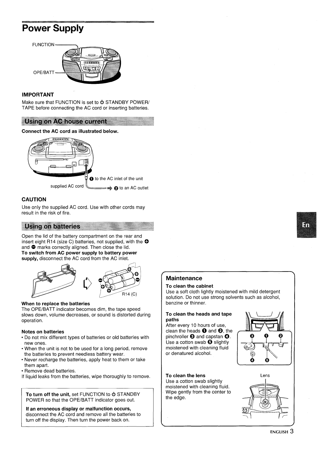 Aiwa CSD-ES365 manual Power Supply, Maintenance 