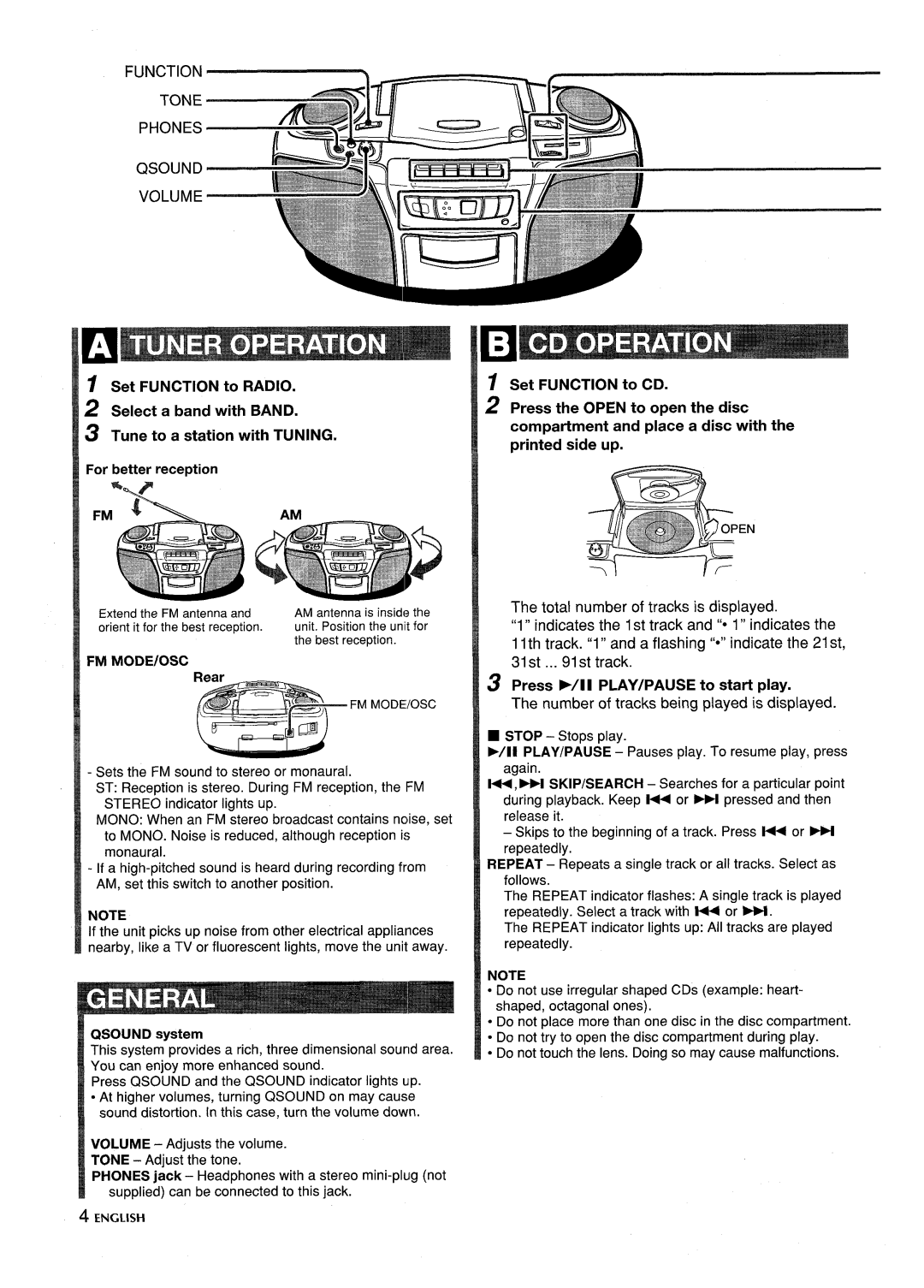 Aiwa CSD-ES365 manual Tone. -~, VOLUME~m%, 1Ith Track 1and a flashing Oindicate, 31st 91st Track, Fm Mode/Osc 