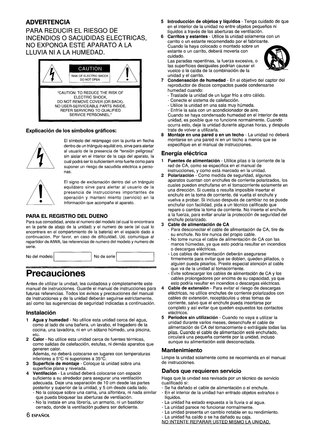 Aiwa CSD-ES365 manual Precauciones, Energia electrica, Instalacion, Mantenimiento, Dailos que requieren servicio 