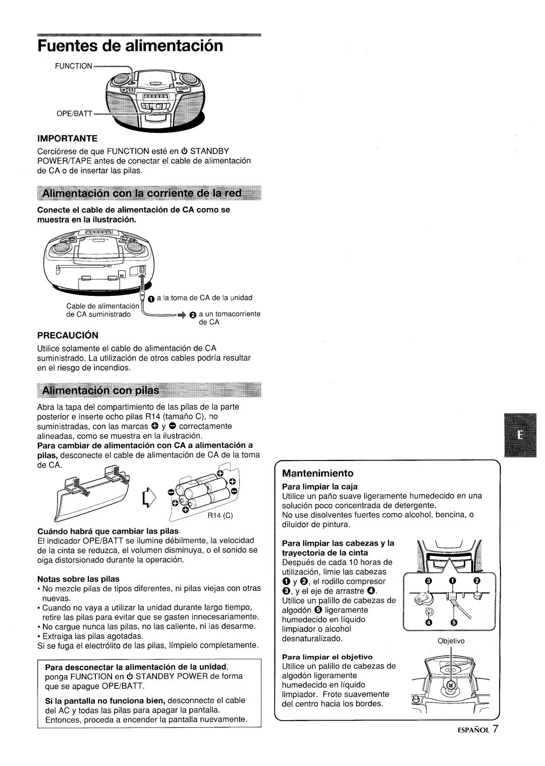 Aiwa CSD-ES365 manual Fuentes de alimentaci6n, Importante, Precaution 