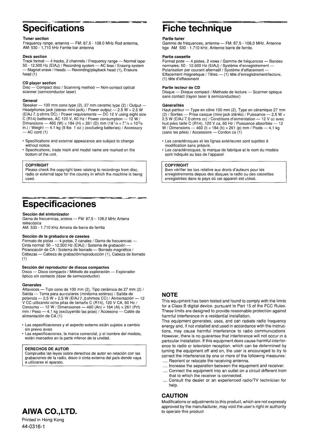 Aiwa CSD-ES365 Specifications, Fiche technique, Especificzciones, 44-0316-1, Partie tuner, Aiwa Co., L.Td, Tuner section 