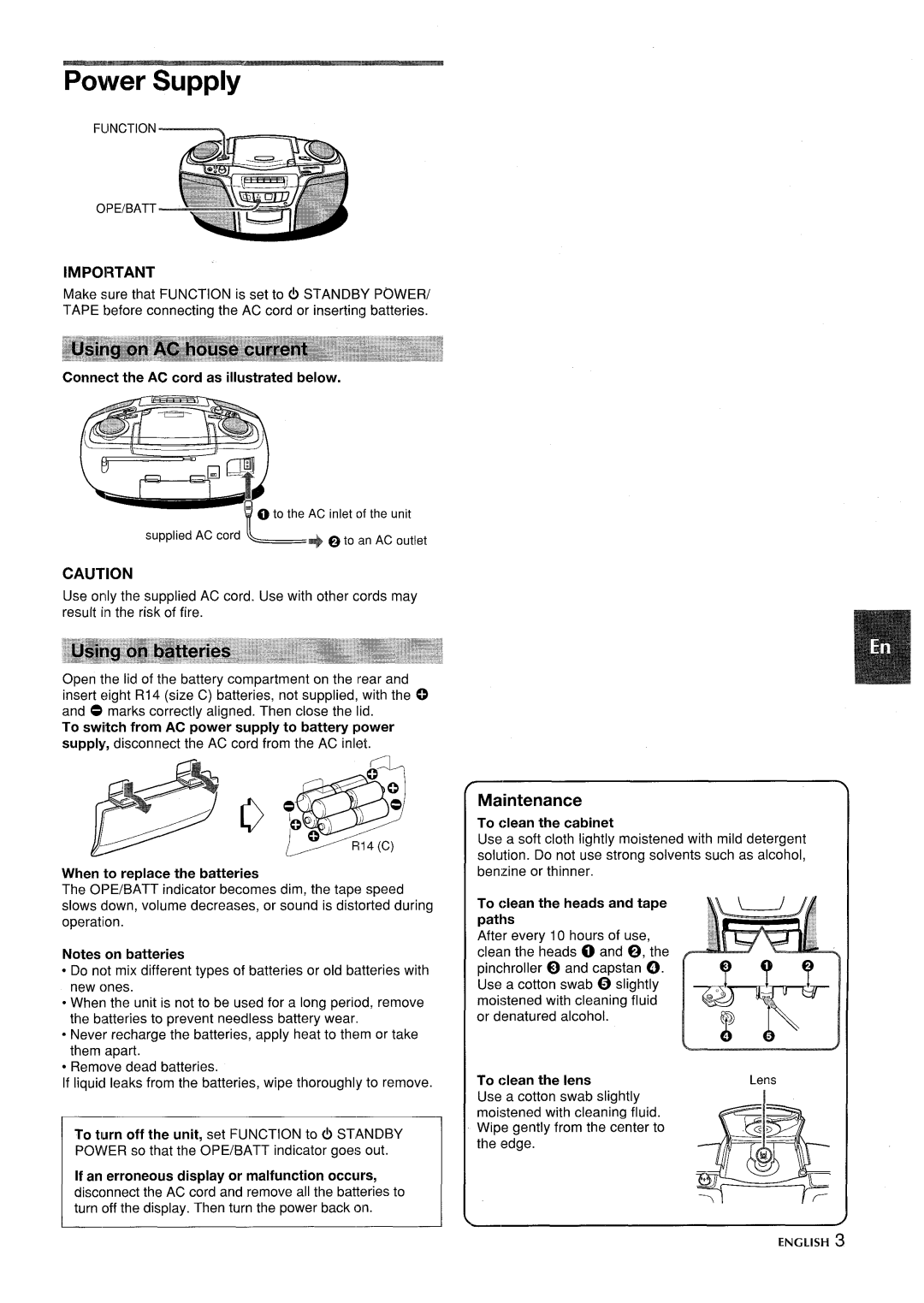 Aiwa CSD-ES365 manual Power Supply, Maintenance, Connect the AC cord as illustrated below, When to replace the batteries 