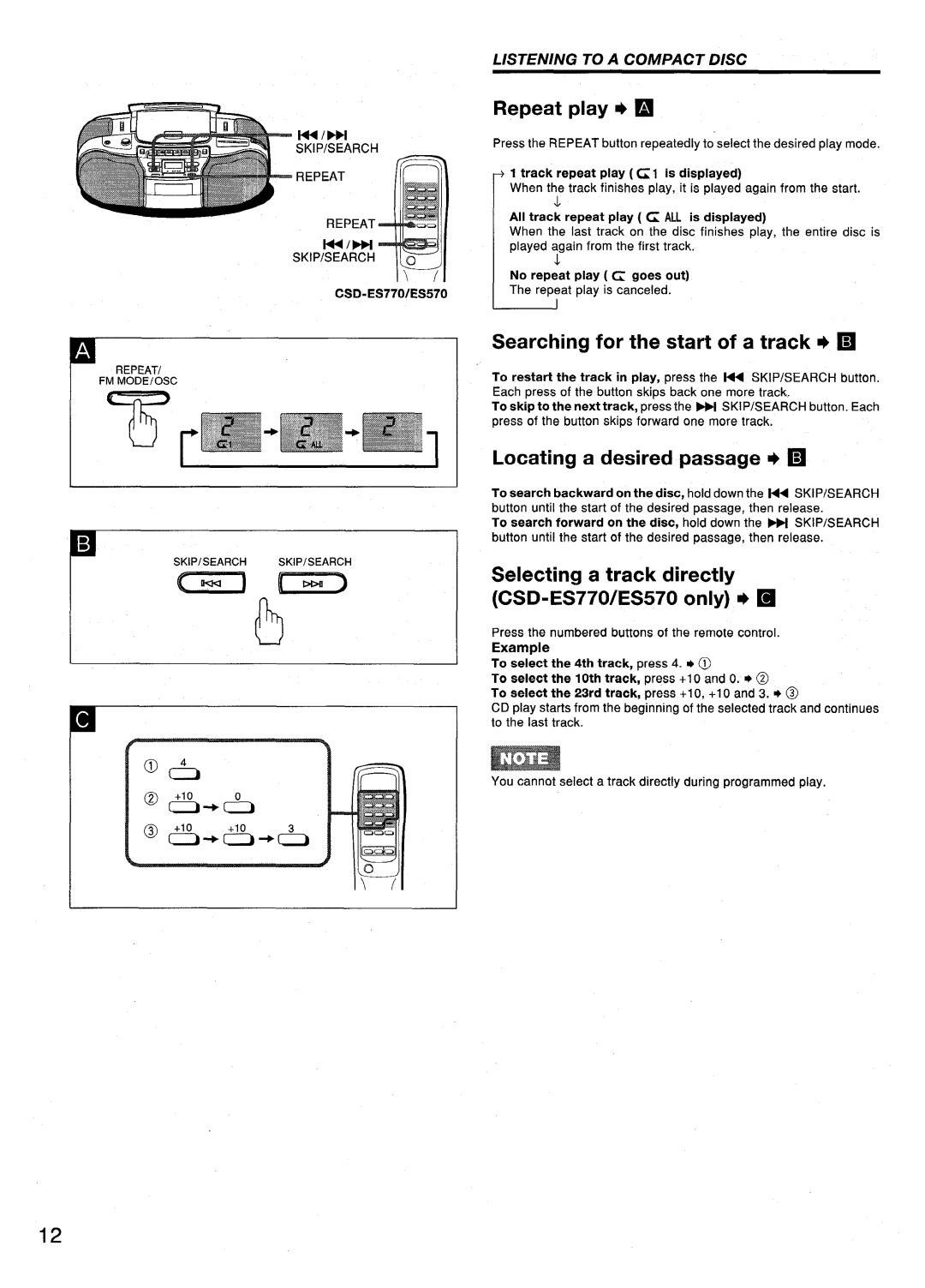 Aiwa CSD-ES370 Repeat play, Searching for the start of a track, Locating a desired passage + H, CSD-ES770/ES570 only* W 