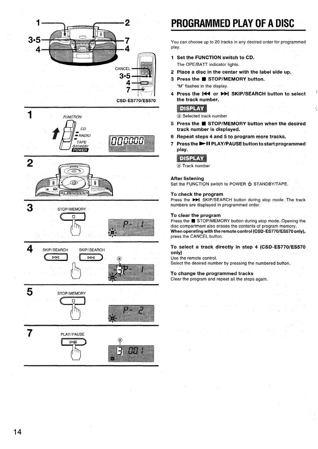 Aiwa CSD-ES770, CSD-ES370 Set the Function switch to CD, Repeat steps 4 and 5 to program more tracks, To check the program 