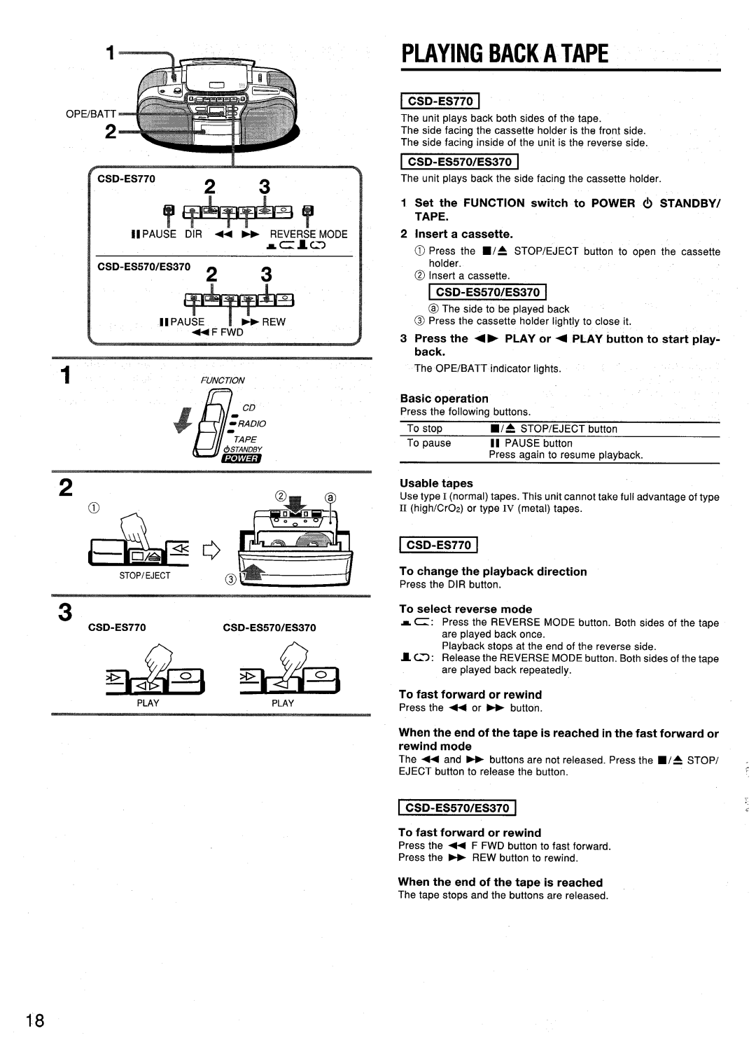 Aiwa CSD-ES370, CSD-ES570, CSD-ES770 manual Playingbacka Tape 