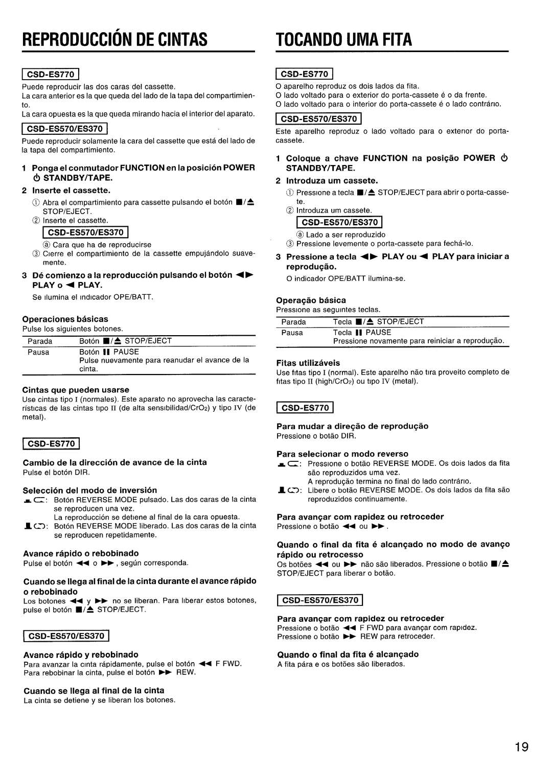 Aiwa CSD-ES570, CSD-ES370, CSD-ES770 manual Reproductiondecintas, Tocandoumafita 