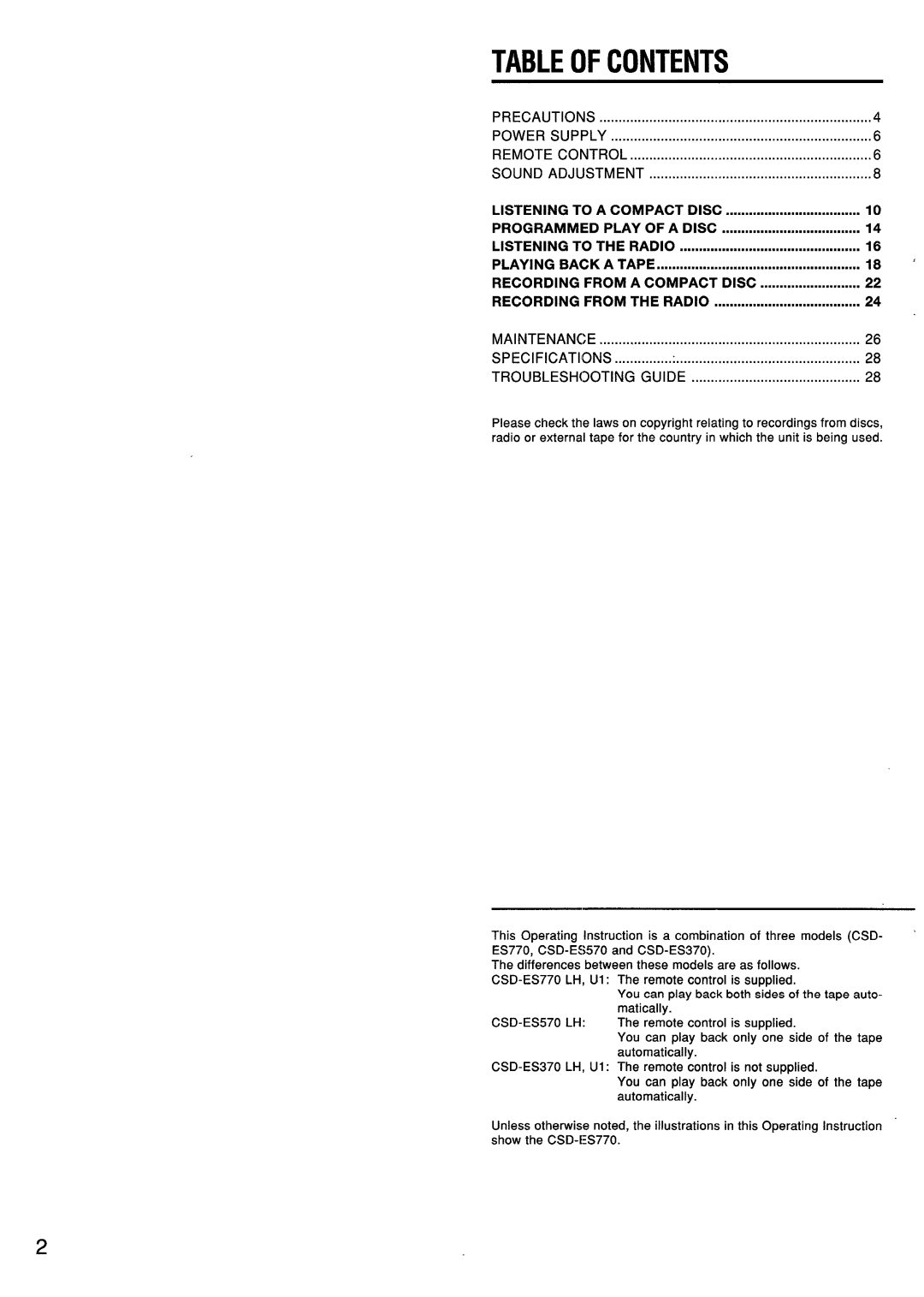 Aiwa CSD-ES770, CSD-ES370, CSD-ES570 manual Tableofcontents 