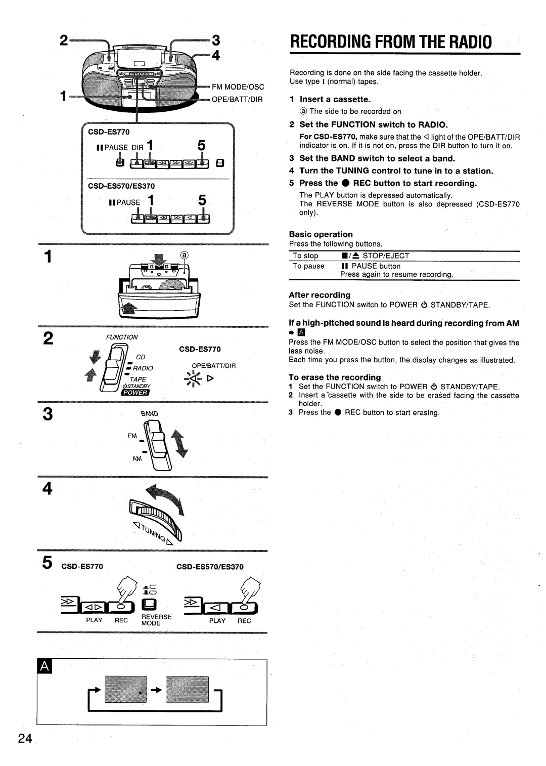 Aiwa CSD-ES370 Recordingfromtheradio, If a high-pitched sound is heard during recording from AM, To erase the recordina 