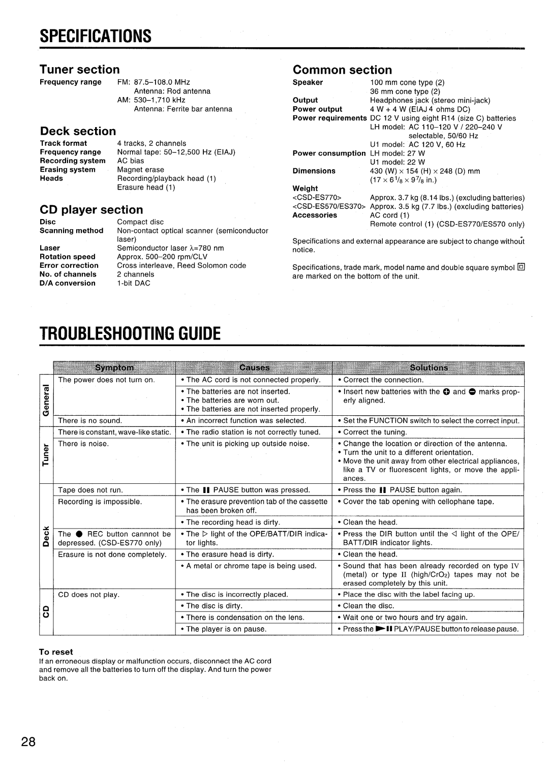 Aiwa CSD-ES570, CSD-ES370, CSD-ES770 manual Specifications, Troubleshootingguide 