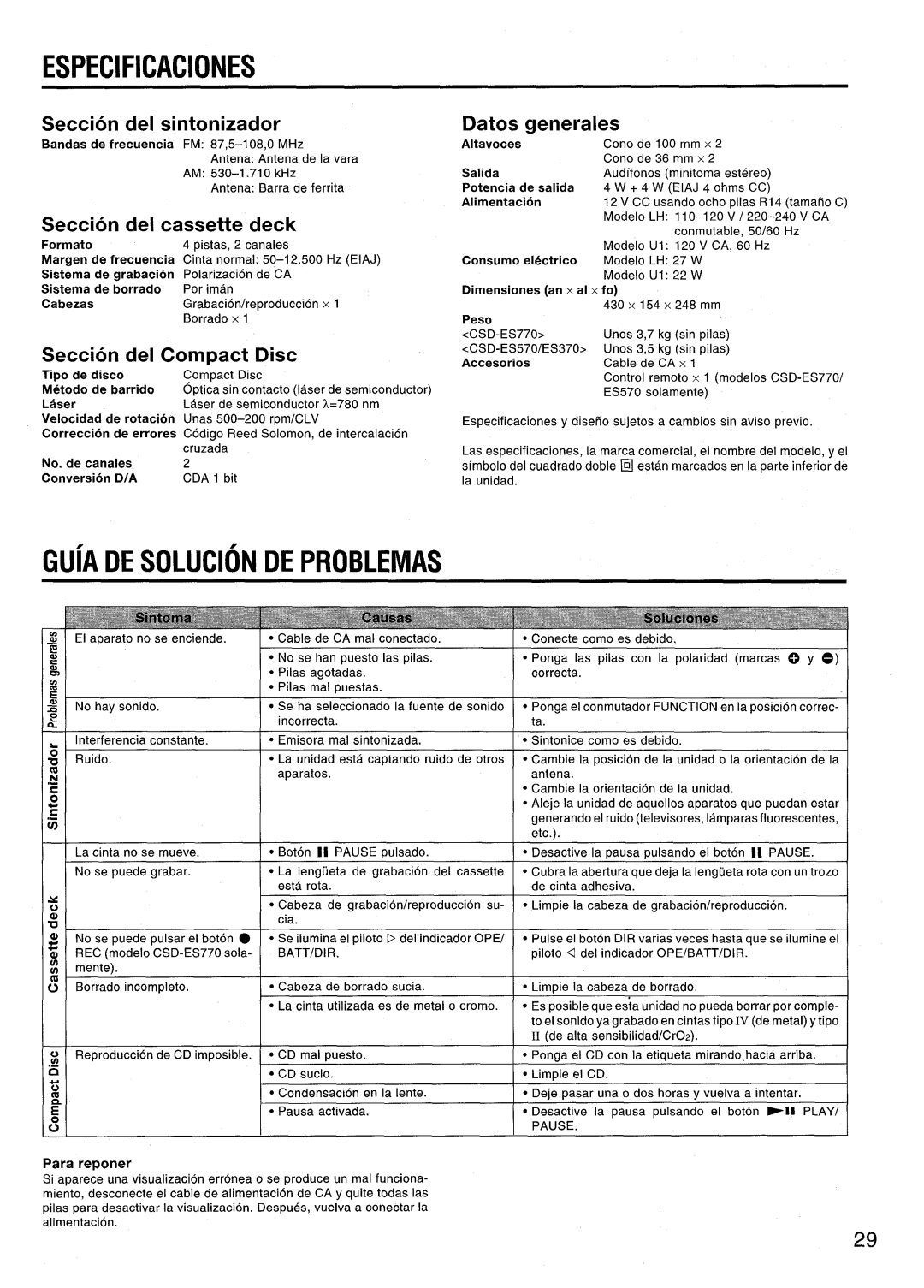 Aiwa CSD-ES770 Especificaciones, Seccion del sintonizador, Seccion Del Cassette Deck, Del Compact Disc, Dates Generales 