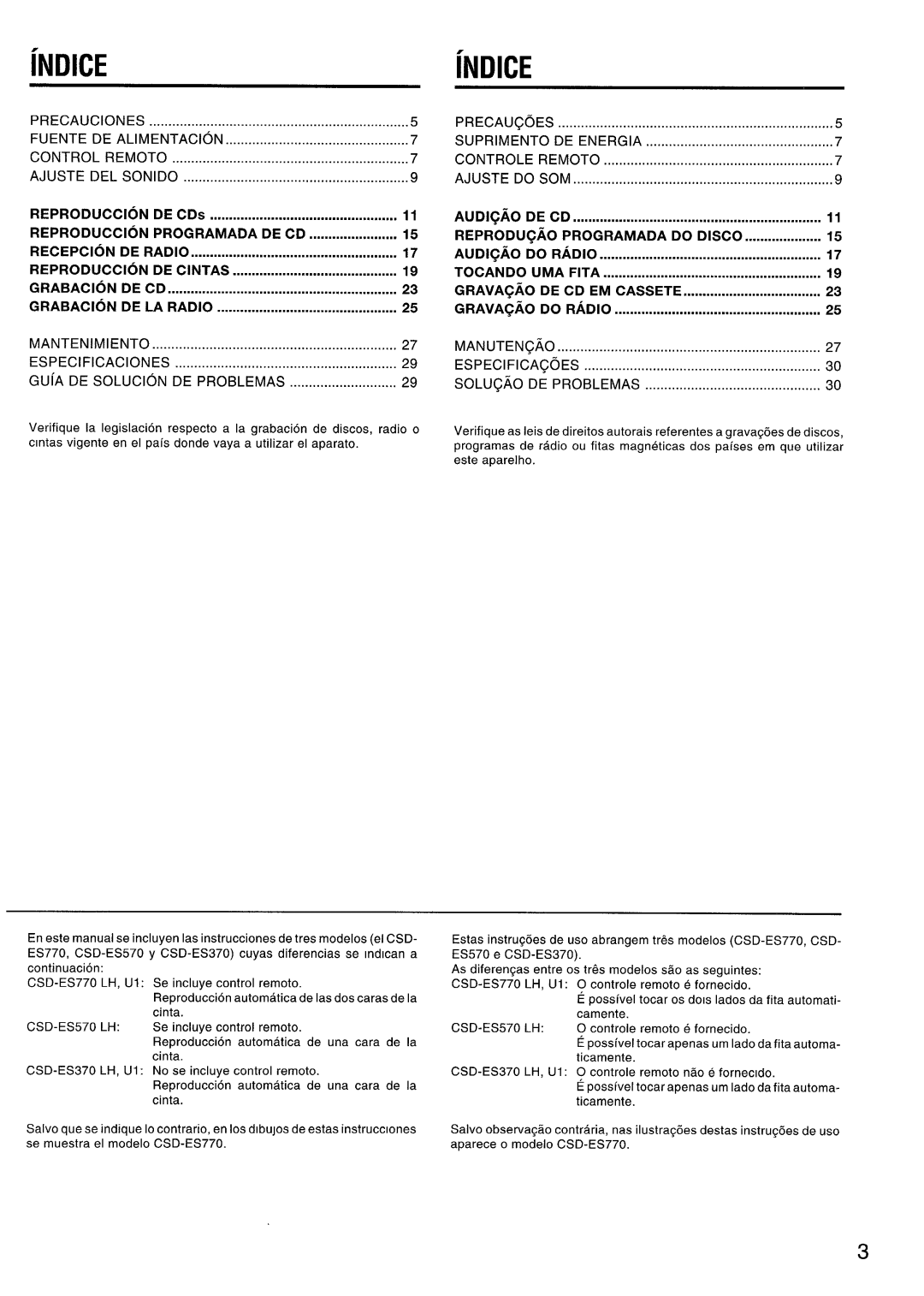 Aiwa CSD-ES370, CSD-ES570, CSD-ES770 manual INDICEiNDICE, DE CD EM Cassete GRAVA~AO Do Radio 