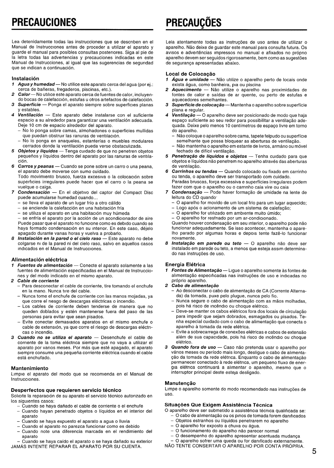 Aiwa CSD-ES770, CSD-ES370, CSD-ES570 manual Precauciones, Precaucoes 