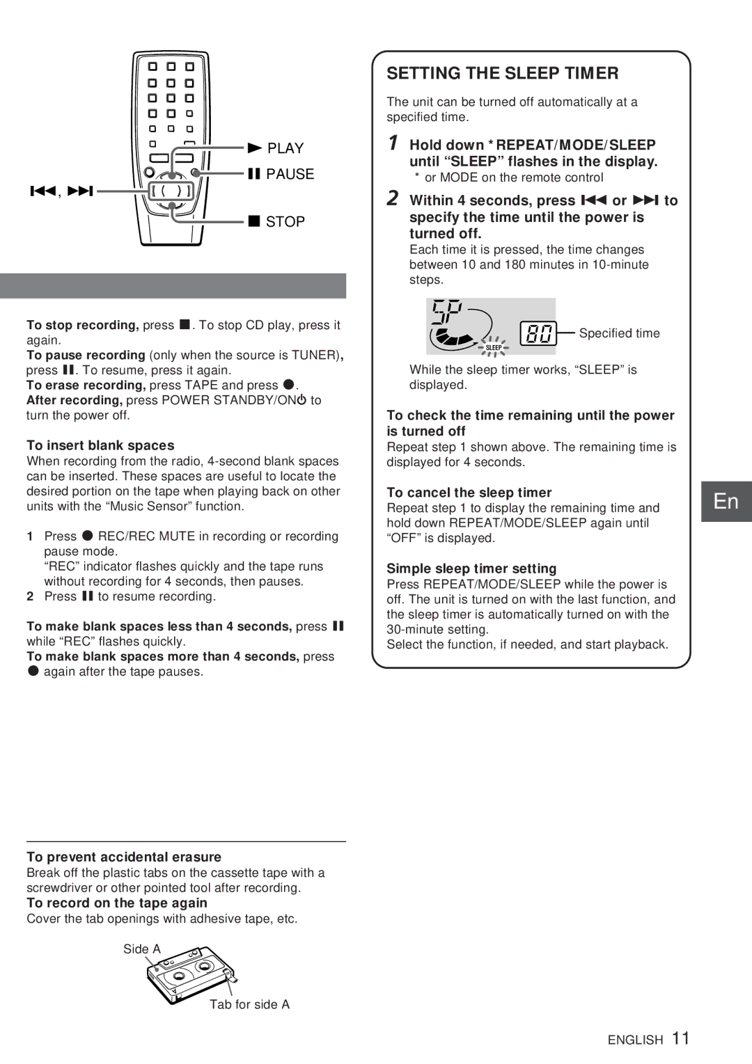 Aiwa CSD-FD82, CSD-FD92 operating instructions Setting the Sleep Timer 