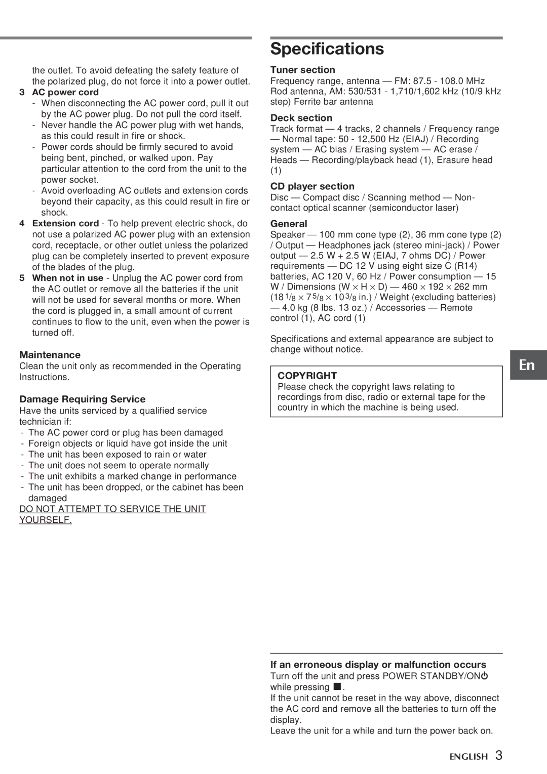 Aiwa CSD-FD82, CSD-FD92 operating instructions Specifications, Copyright 