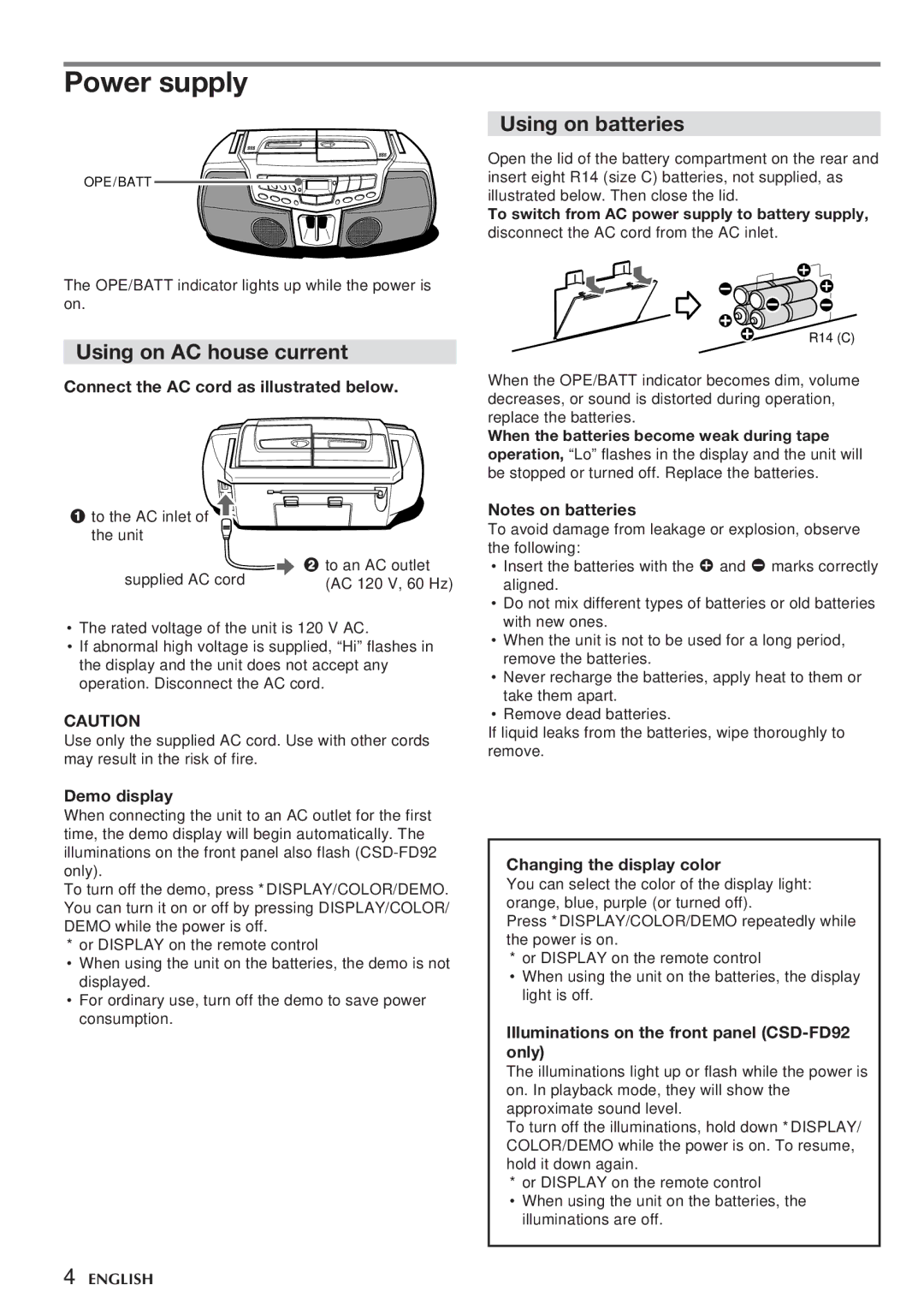 Aiwa CSD-FD92, CSD-FD82 Power supply, Connect the AC cord as illustrated below, Demo display, Changing the display color 