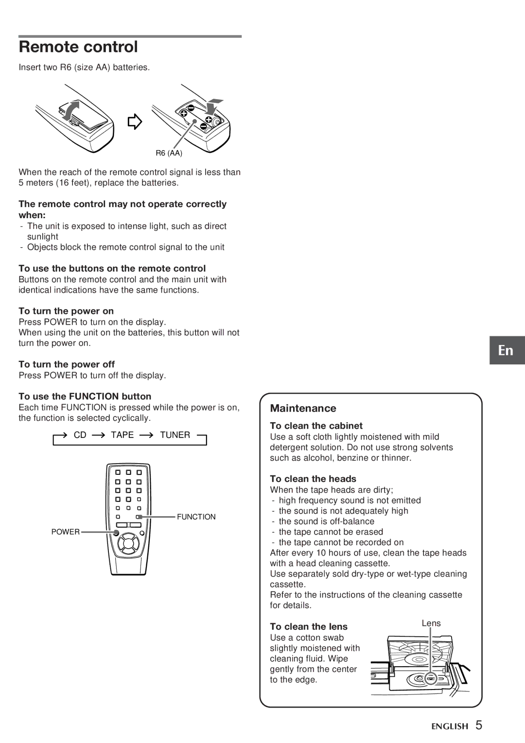 Aiwa CSD-FD82, CSD-FD92 operating instructions Remote control, Maintenance 