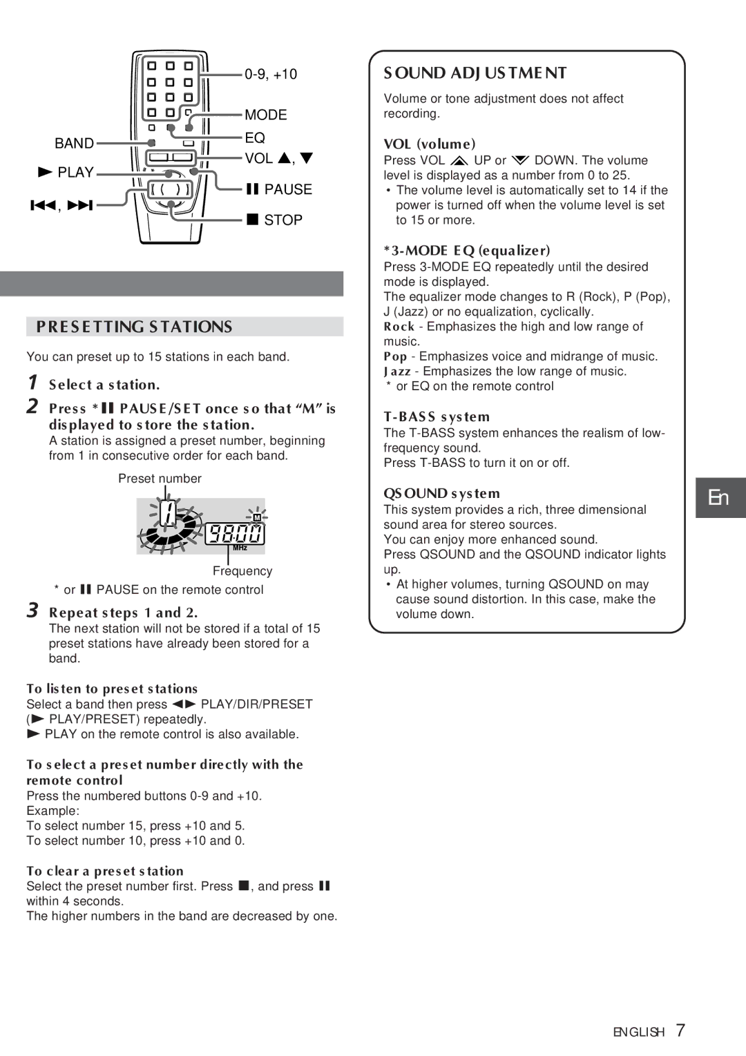 Aiwa CSD-FD82, CSD-FD92 operating instructions Presetting Stations, Sound Adjustment 