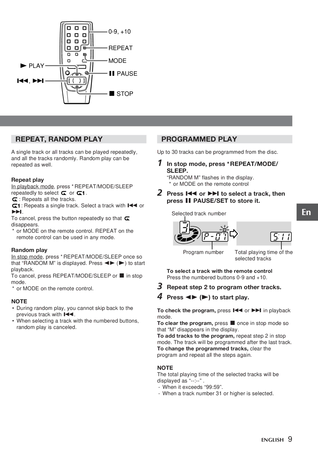 Aiwa CSD-FD82, CSD-FD92 operating instructions REPEAT, Random Play, Programmed Play, Stop mode, press *REPEAT/MODE 