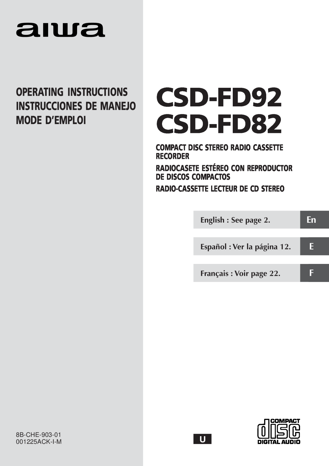 Aiwa operating instructions English See page, Español Ver la página, Français Voir page, CSD-FD92 CSD-FD82 