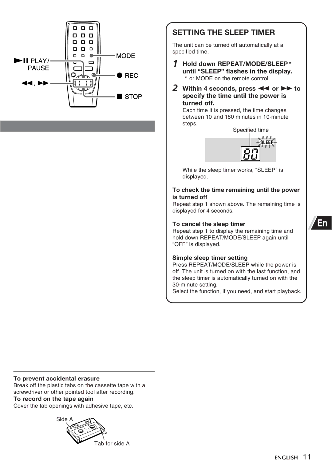 Aiwa CSD-FD88, CSD-FD99 manual Setting the Sleep Timer 