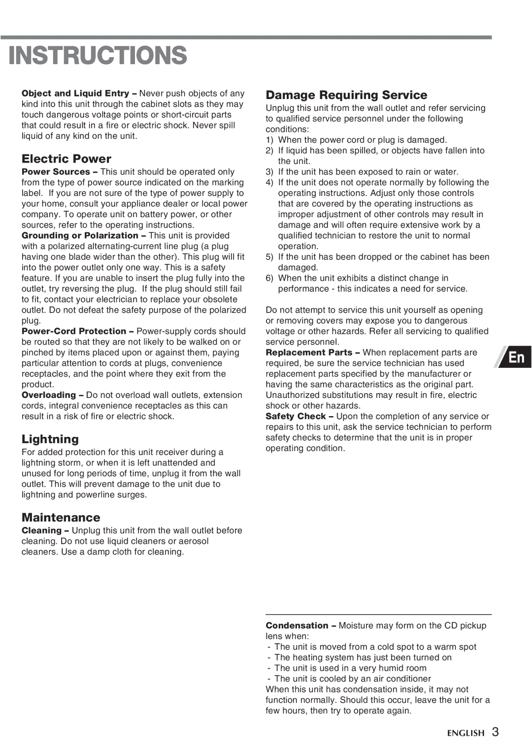 Aiwa CSD-FD88, CSD-FD99 manual Electric Power, Lightning, Damage Requiring Service, Maintenance 