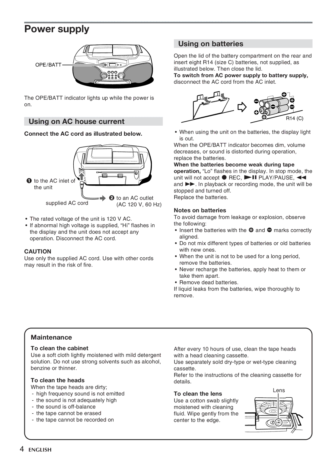 Aiwa CSD-FD99, CSD-FD88 manual Using on AC house current, Using on batteries, Maintenance 