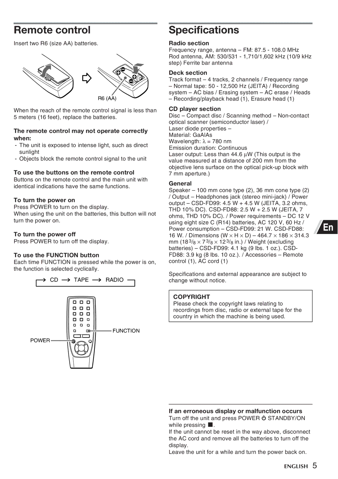 Aiwa CSD-FD88 manual Remote control may not operate correctly when, To use the buttons on the remote control, Radio section 