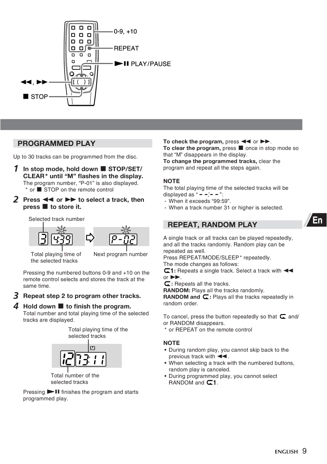 Aiwa CSD-FD88, CSD-FD99 Programmed Play, REPEAT, Random Play, Press f or g to select a track, then press s to store it 