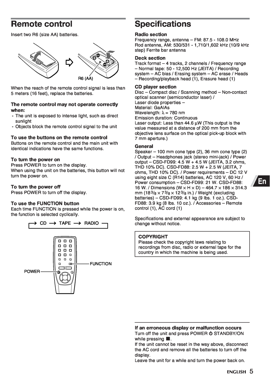 Aiwa CSD-FD88 Remote control, Specifications, The remote control may not operate correctly when, To turn the power on 