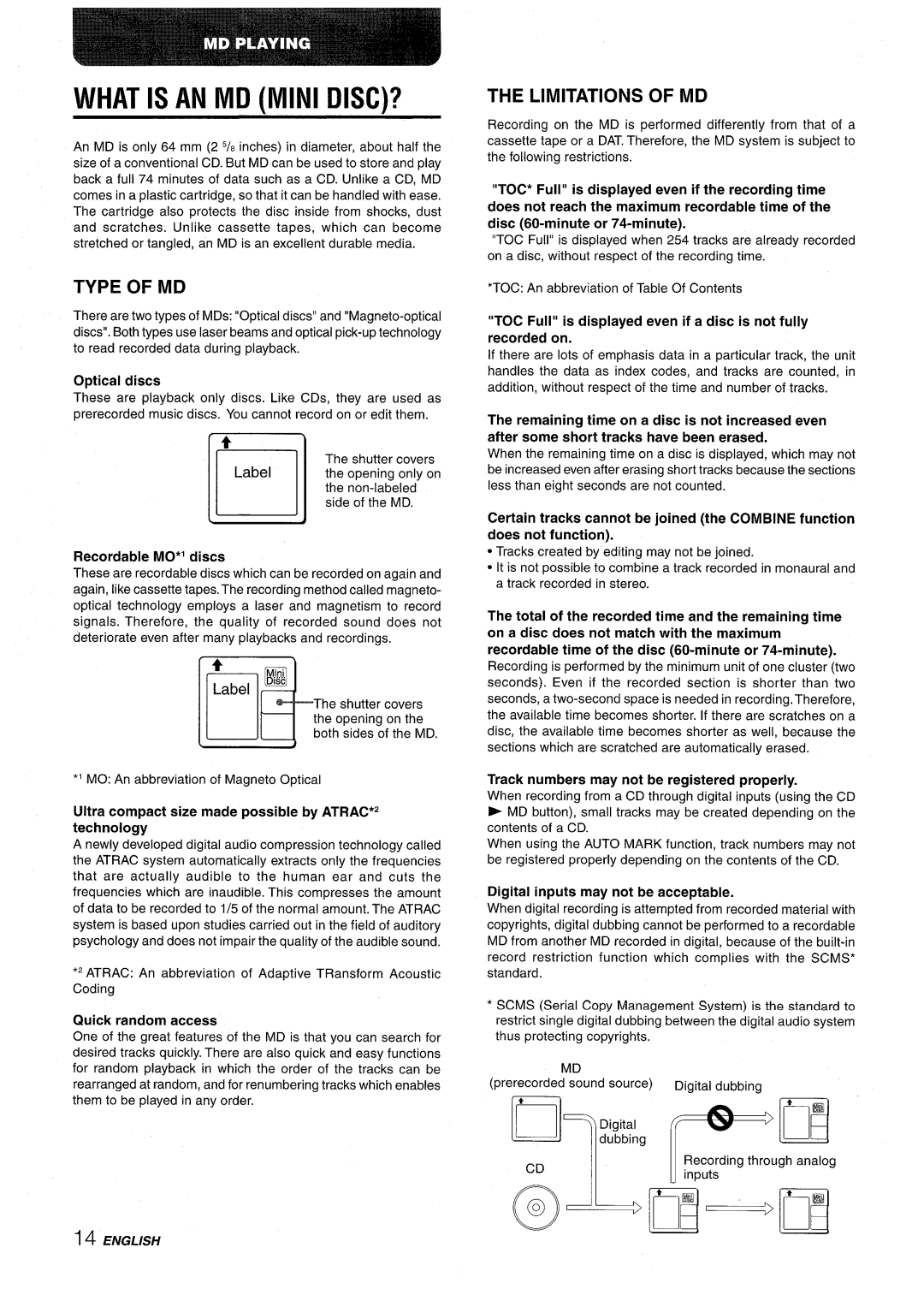 Aiwa CSD-MD50 manual Type of MD, Limitations of MD, Optical discs 