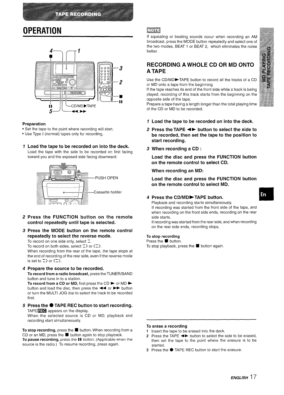 Aiwa CSD-MD50 manual Recording a Whole CD or MD Onto a Tape, Load the tape to be recorded on into the deck 