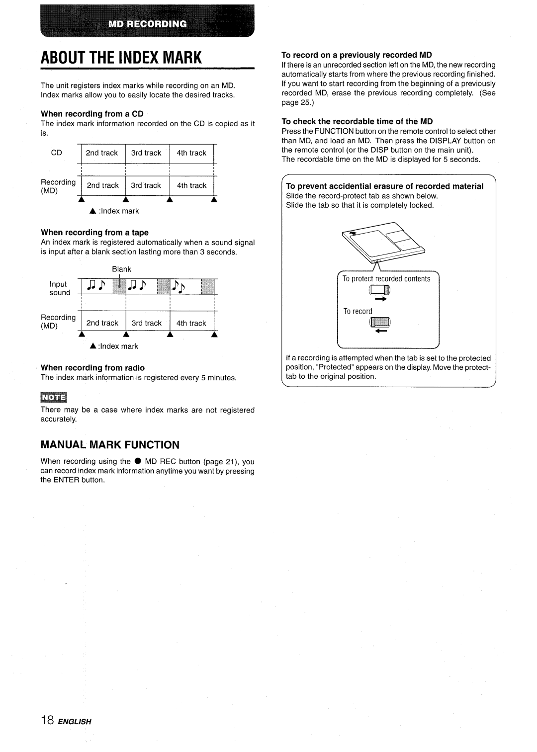 Aiwa CSD-MD50 manual About the Index Mark, Manual Mark Function, When recording from a tape 