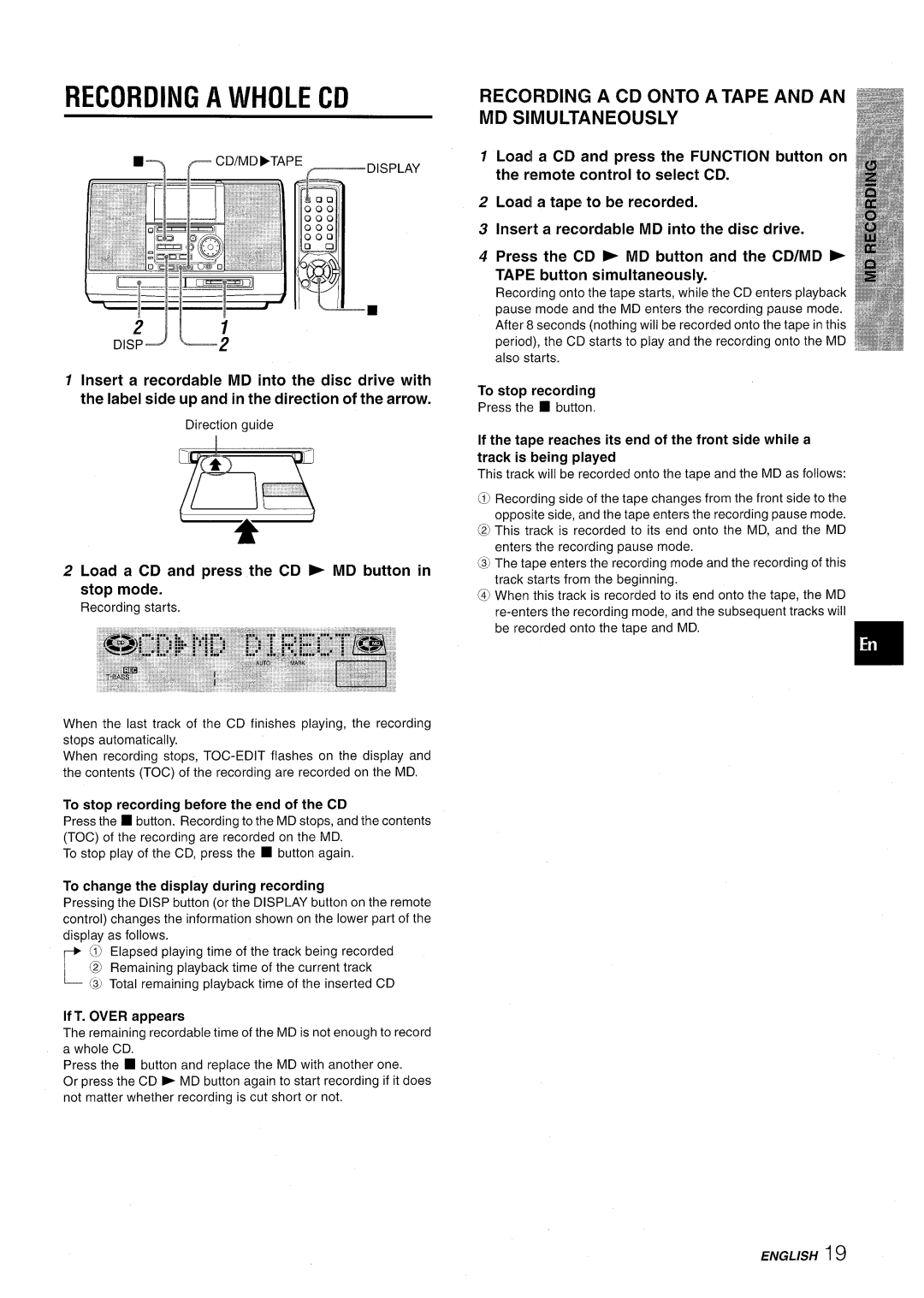 Aiwa CSD-MD50 manual Recording a Whole CD, Recording a CD Onto a Tape and AN MD Simultaneously 