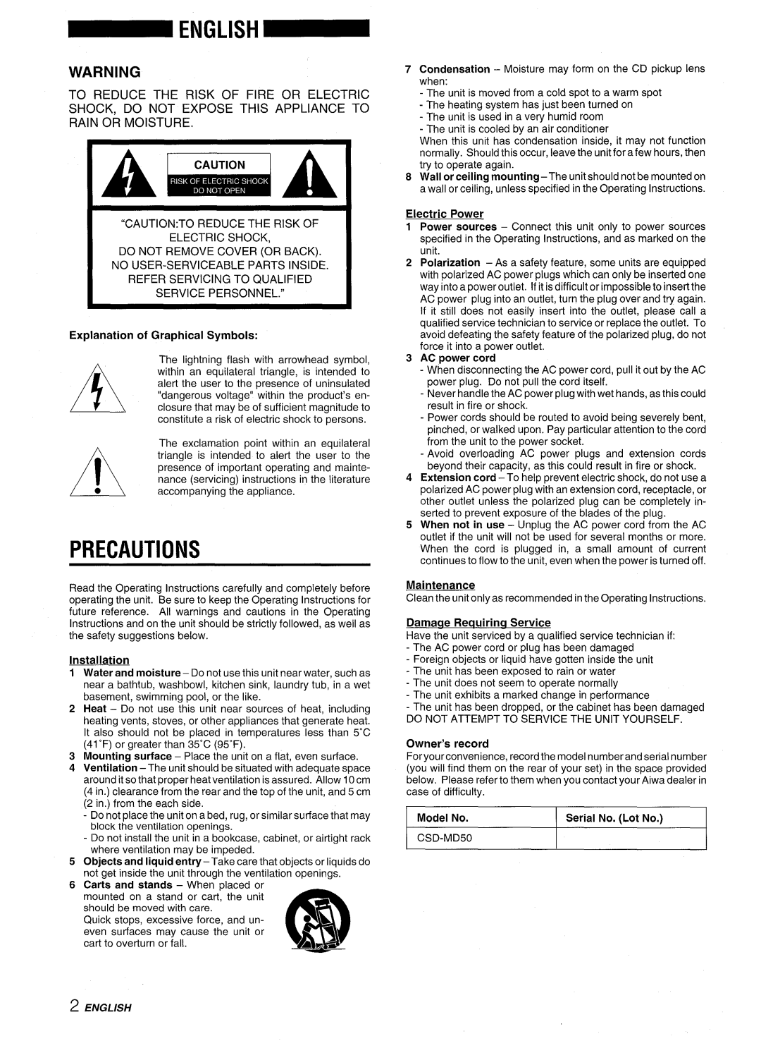 Aiwa CSD-MD50 manual Precautions, To Reduce the Risk of Fire or Electric, Rain or Moisture 