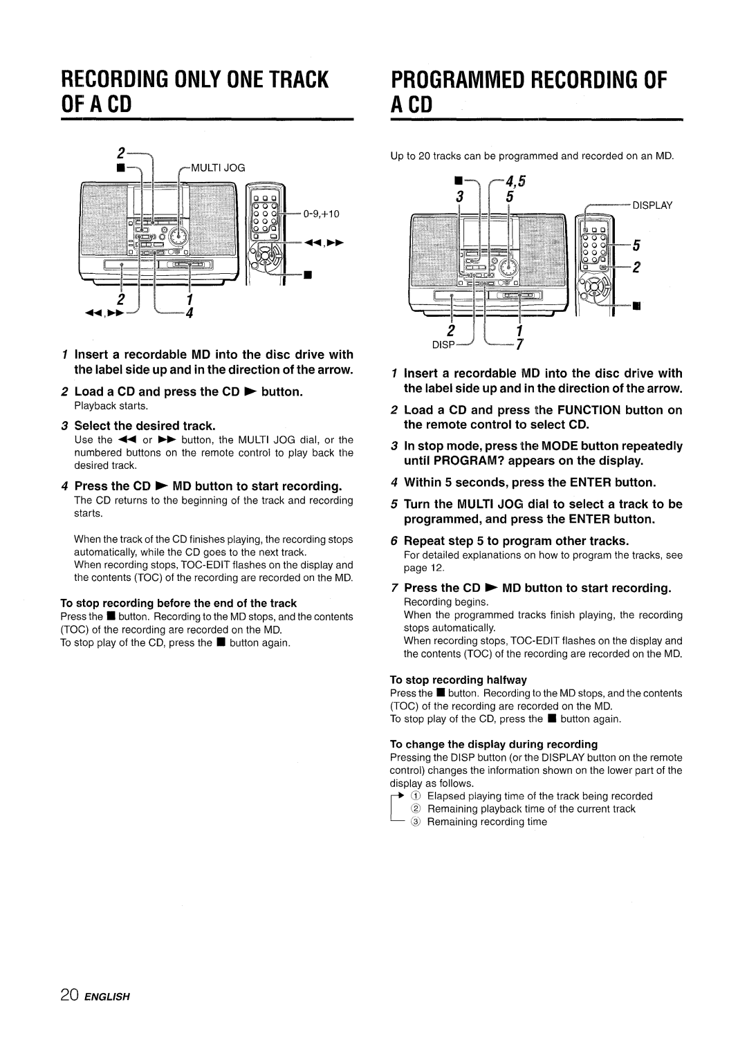 Aiwa CSD-MD50 manual Recording only ONE Track A CD, Programmed Recording, Select the desired track 