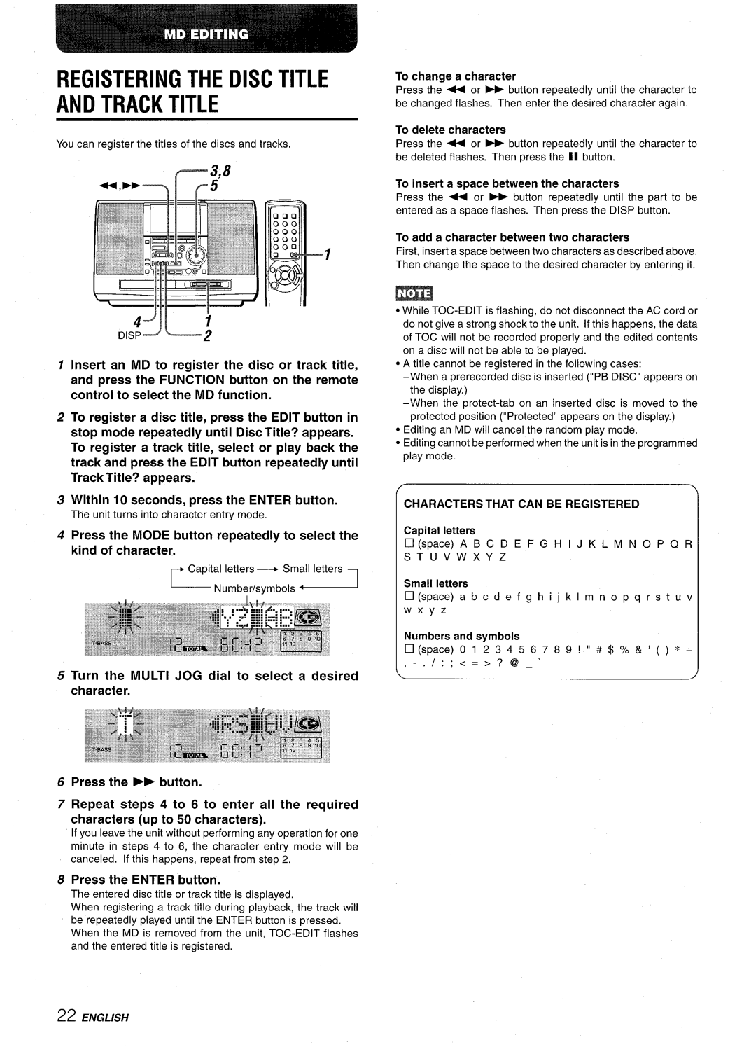 Aiwa CSD-MD50 manual Registering the Disc Title Track Title, Characters That can be Registered 