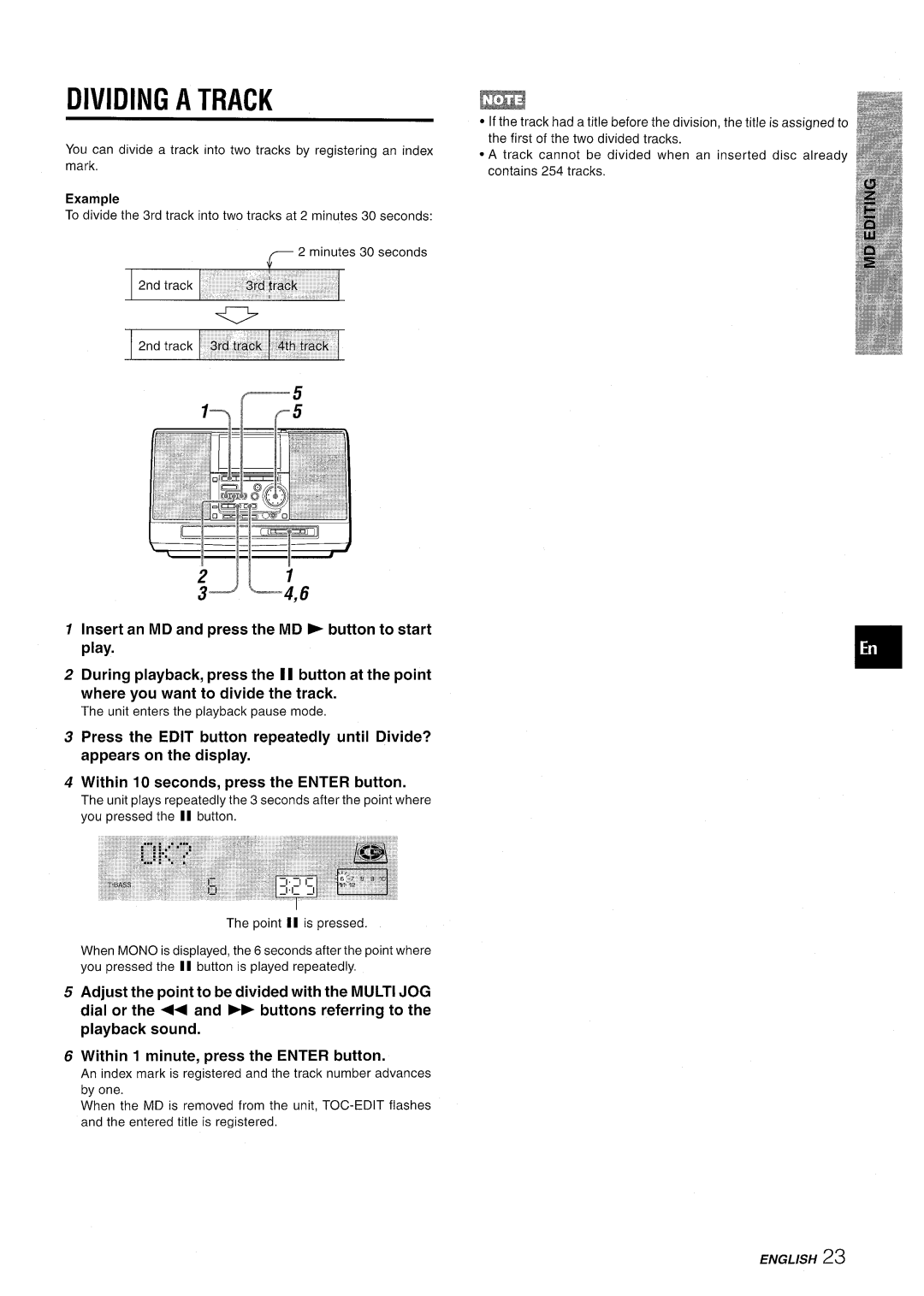 Aiwa CSD-MD50 manual Dividing, Track 