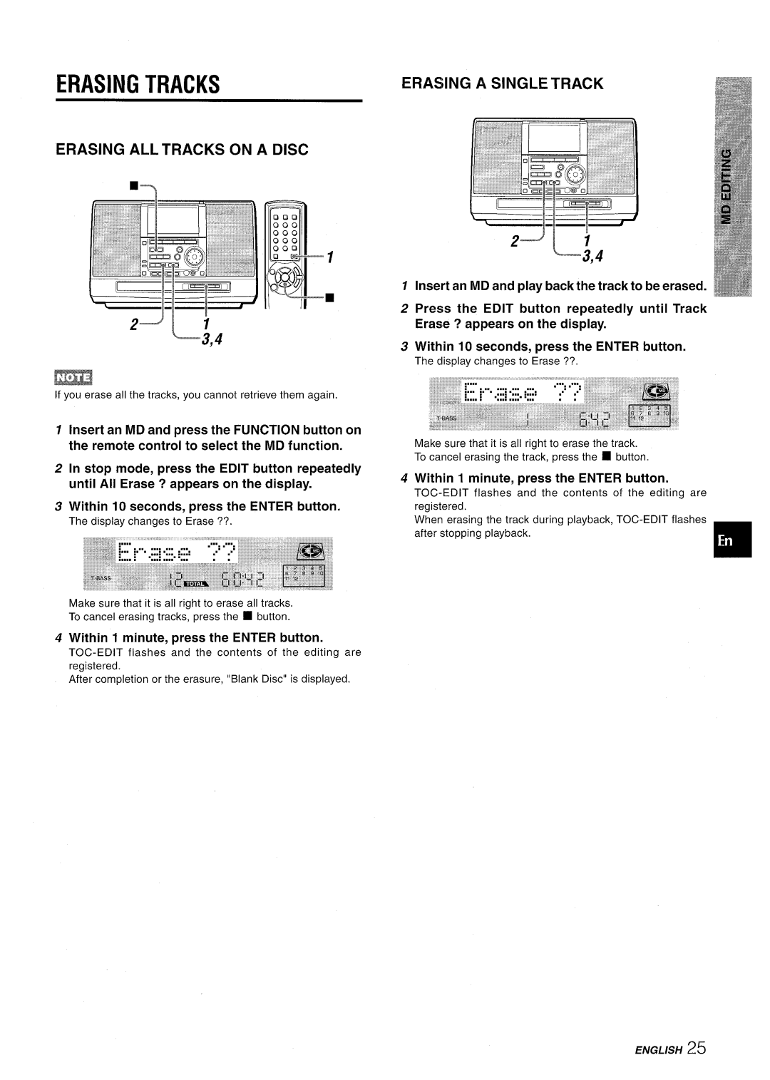 Aiwa CSD-MD50 manual Erasing Tracks, Erasing a Single Track Erasing ALL Tracks on a Disc, L ,4 