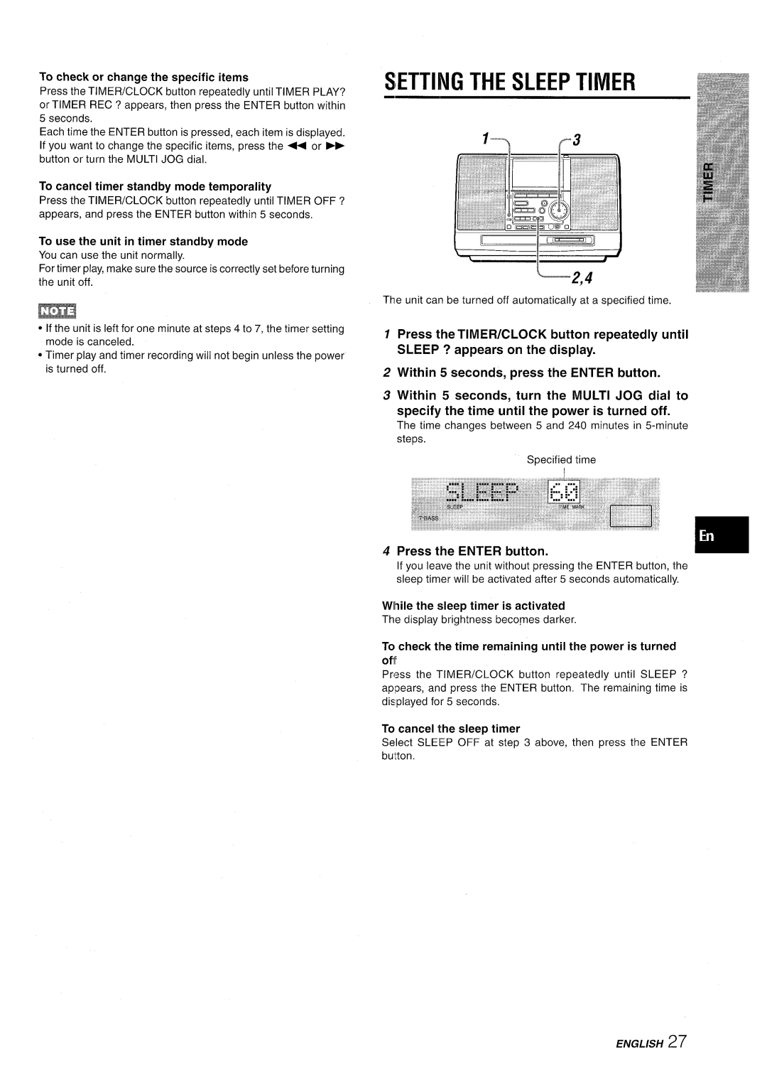 Aiwa CSD-MD50 manual Setting the Sleep Timer 