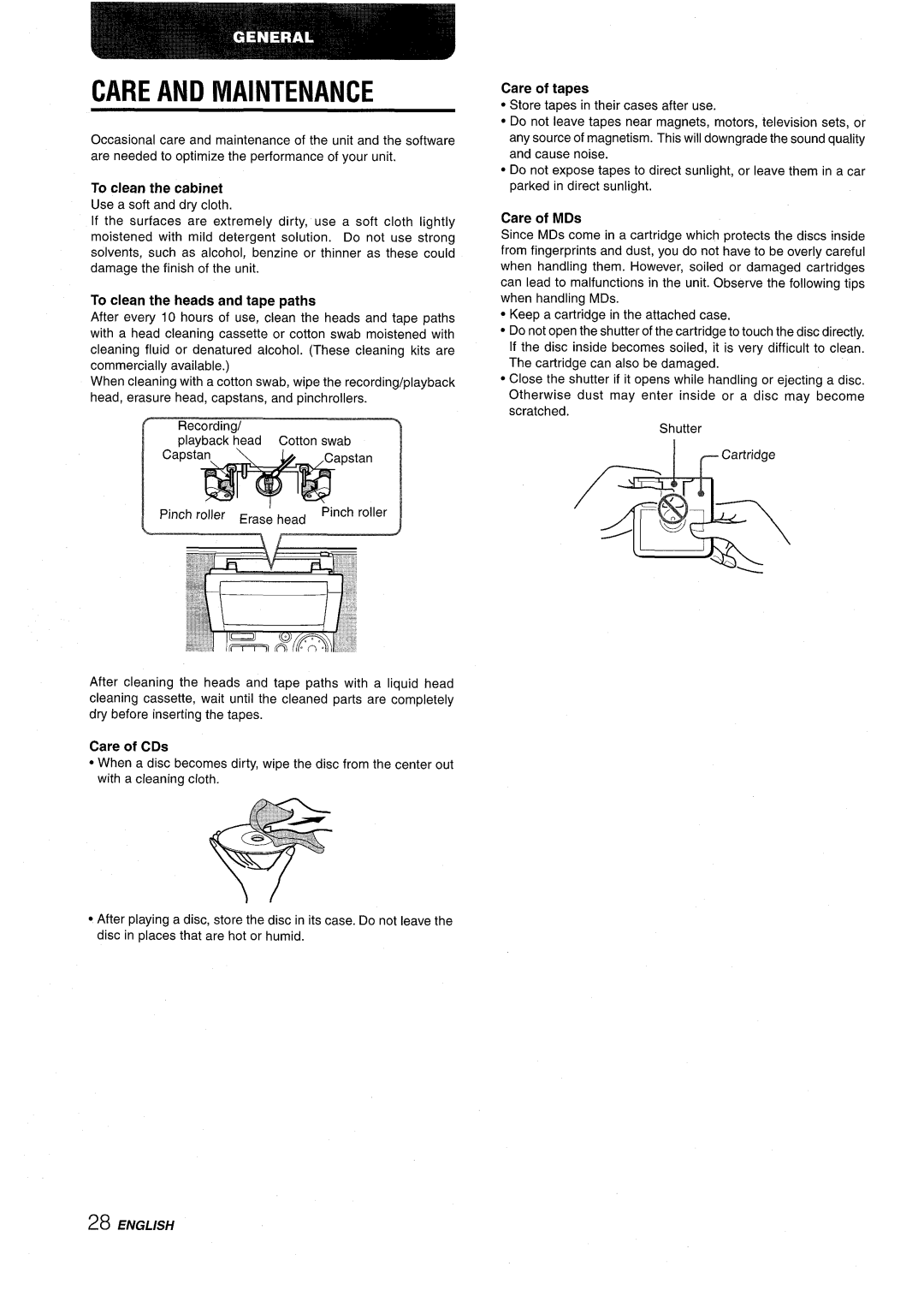 Aiwa CSD-MD50 manual Care and Maintenance, Care of MDs 