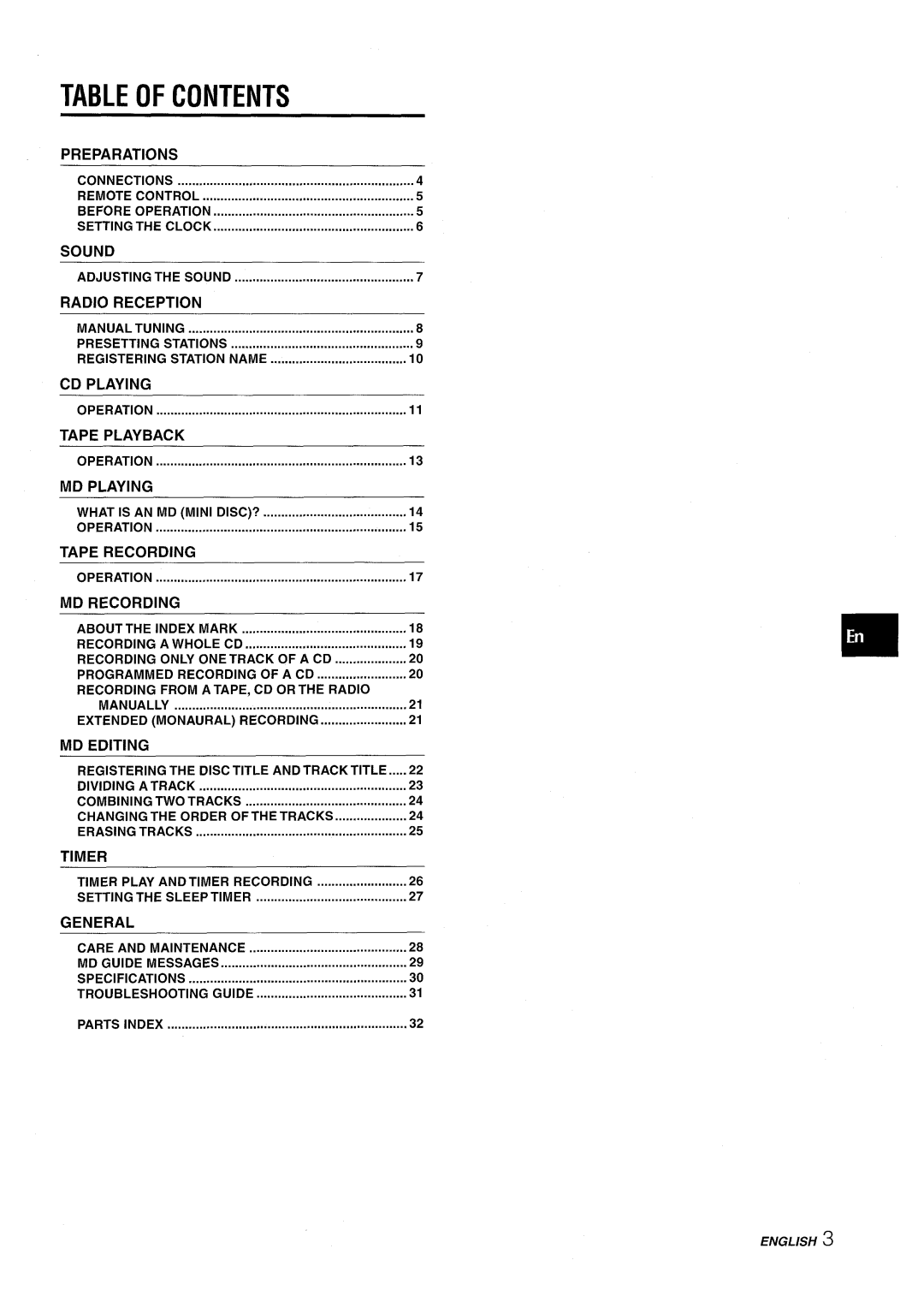 Aiwa CSD-MD50 manual Table of Contents 