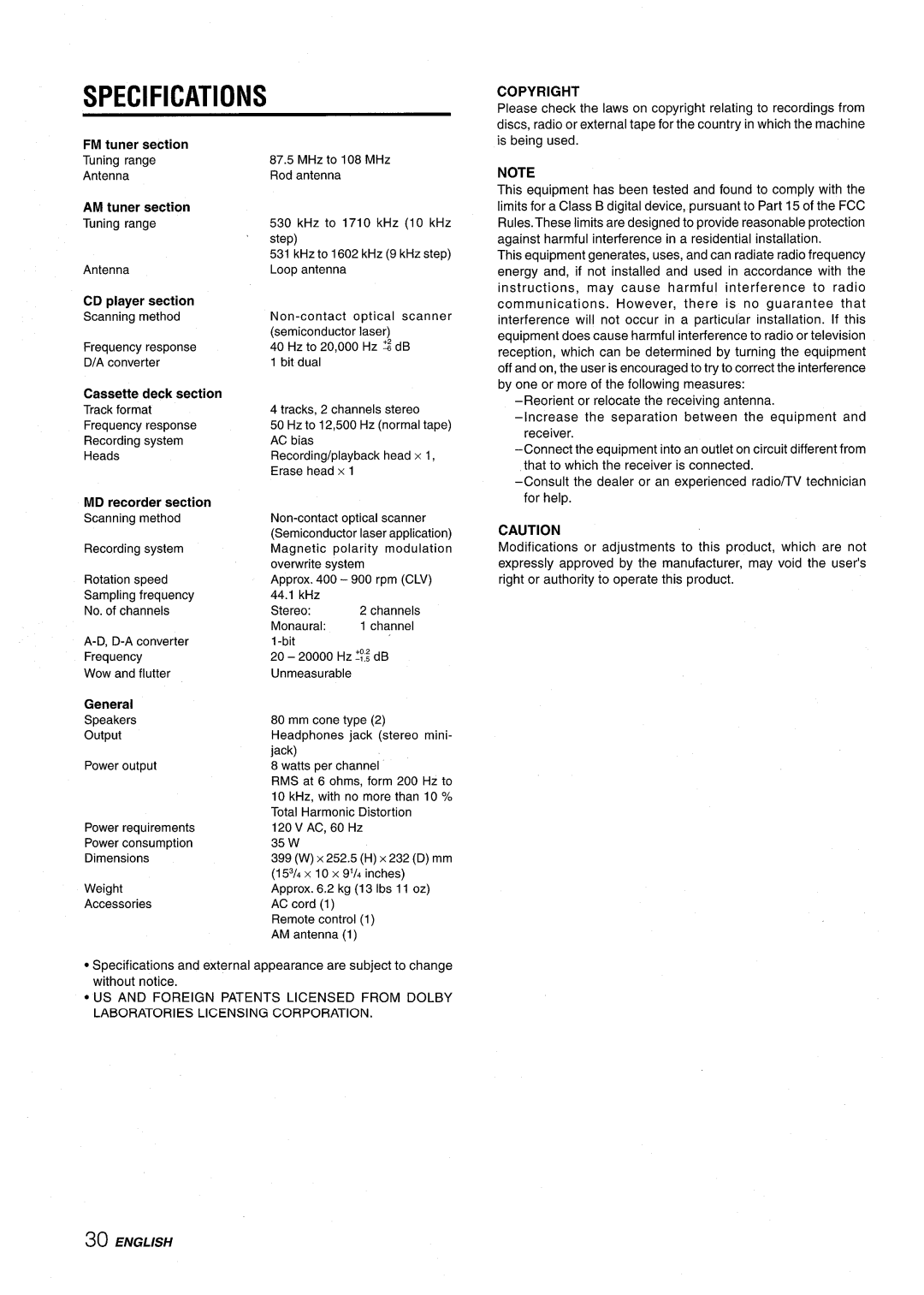 Aiwa CSD-MD50 manual Copyright, MD recorder section, AM tuner section Tuning range, CD player section Scanning method 