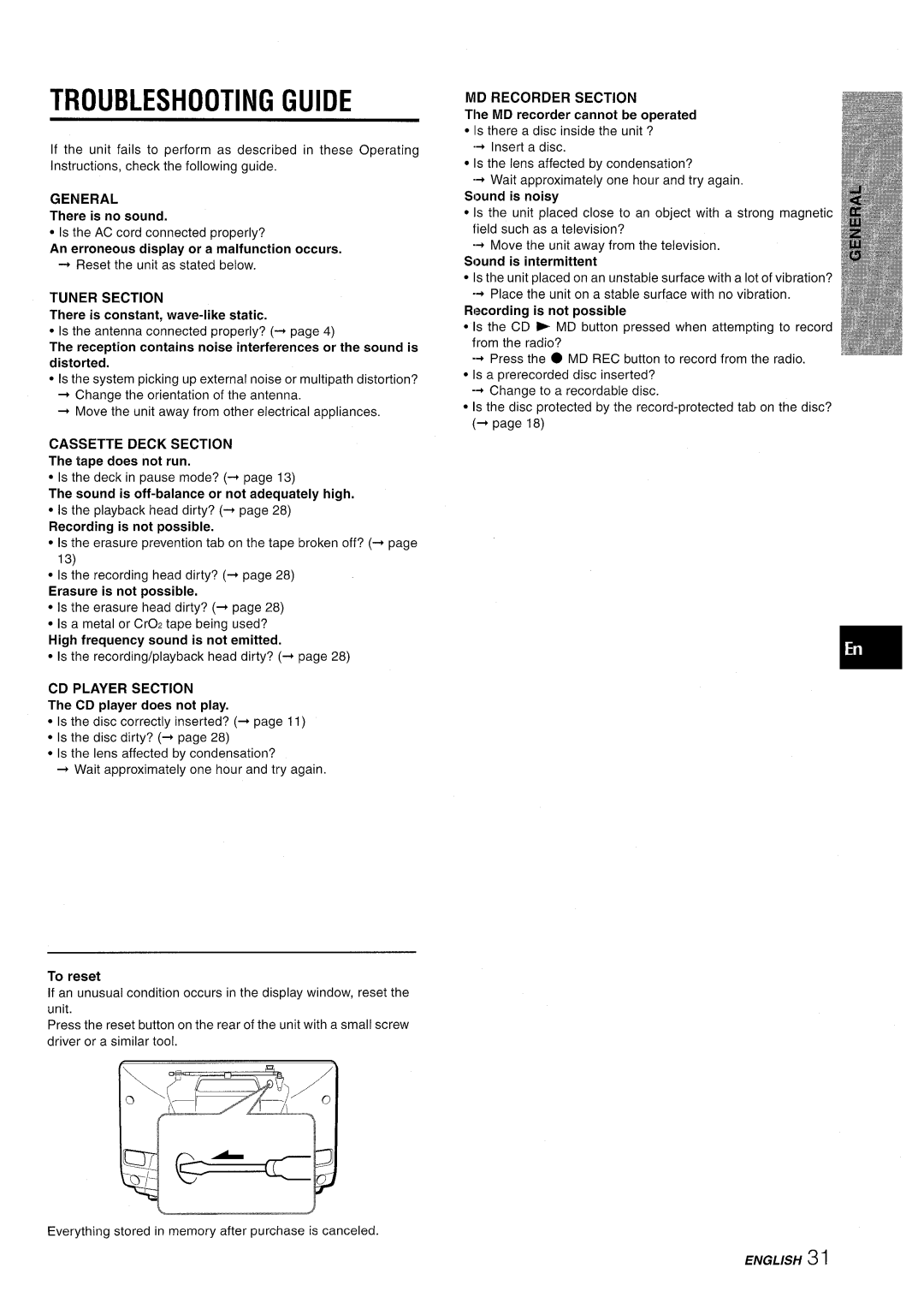 Aiwa CSD-MD50 manual Troubleshooting Guide, There is no sound 