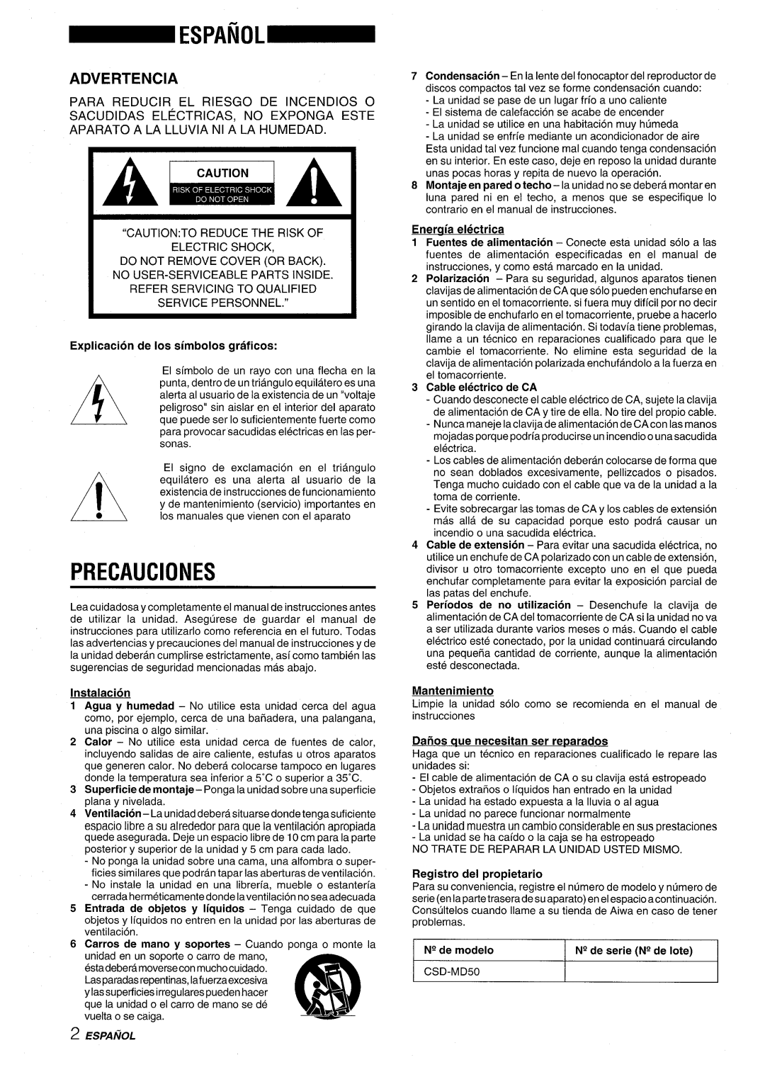 Aiwa CSD-MD50 manual Precauciones, Advertencia 