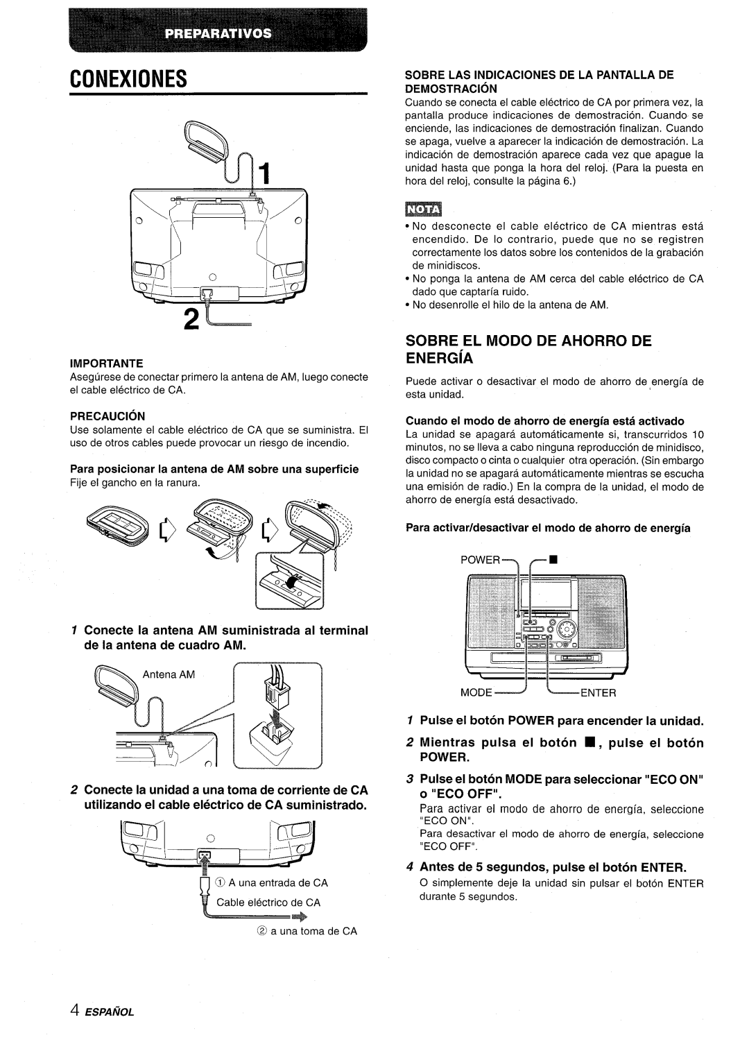 Aiwa CSD-MD50 manual Conexiones, Sobre EL Modo DE Ahorro DE ENERGiA, Eco Off, Antes de 5 segundos, pulse el boton Enter 