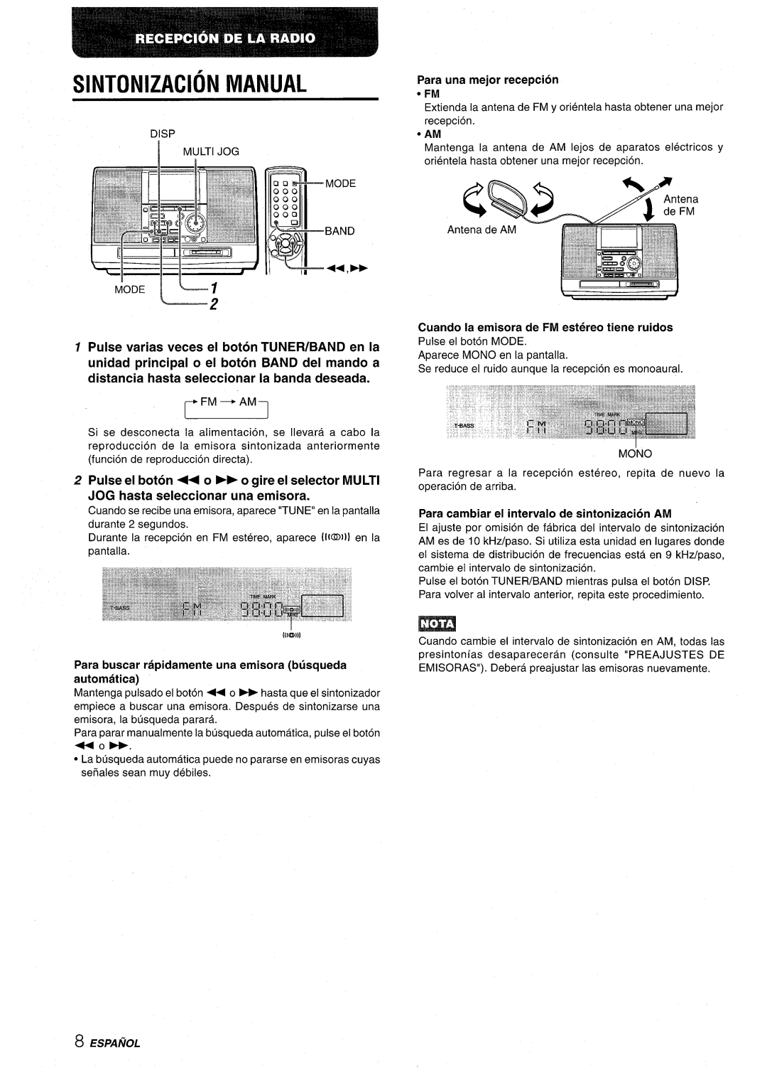 Aiwa CSD-MD50 manual Sintonizacion Manual, Para una mejor recepcion, Cuando la emisora de FM estereo tiene ruidos 