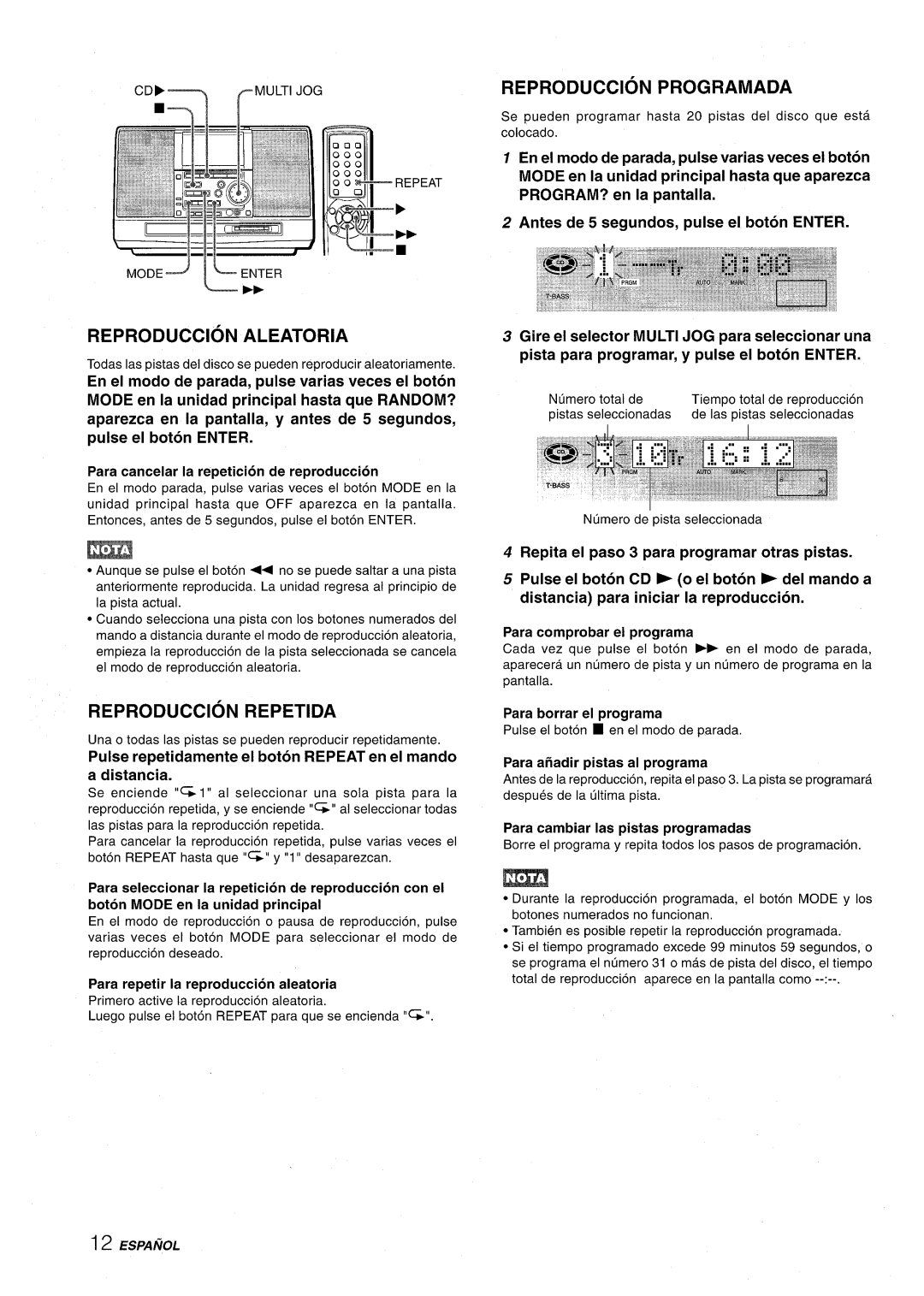 Aiwa CSD-MD50 manual Reproduction Programada, Reproduction Aleatoria, Reproduction Repetida, Mode 