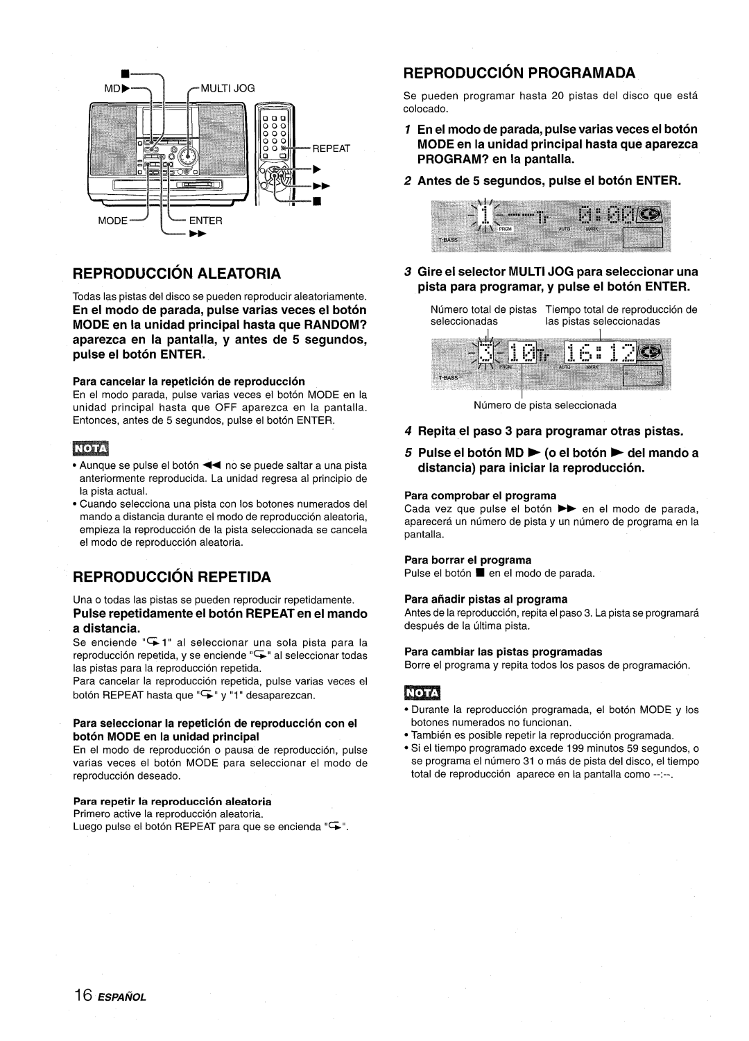 Aiwa CSD-MD50 manual Pulse repetidamente el boton Repeat en el mando a distancia, Para afladir pistas al programa 