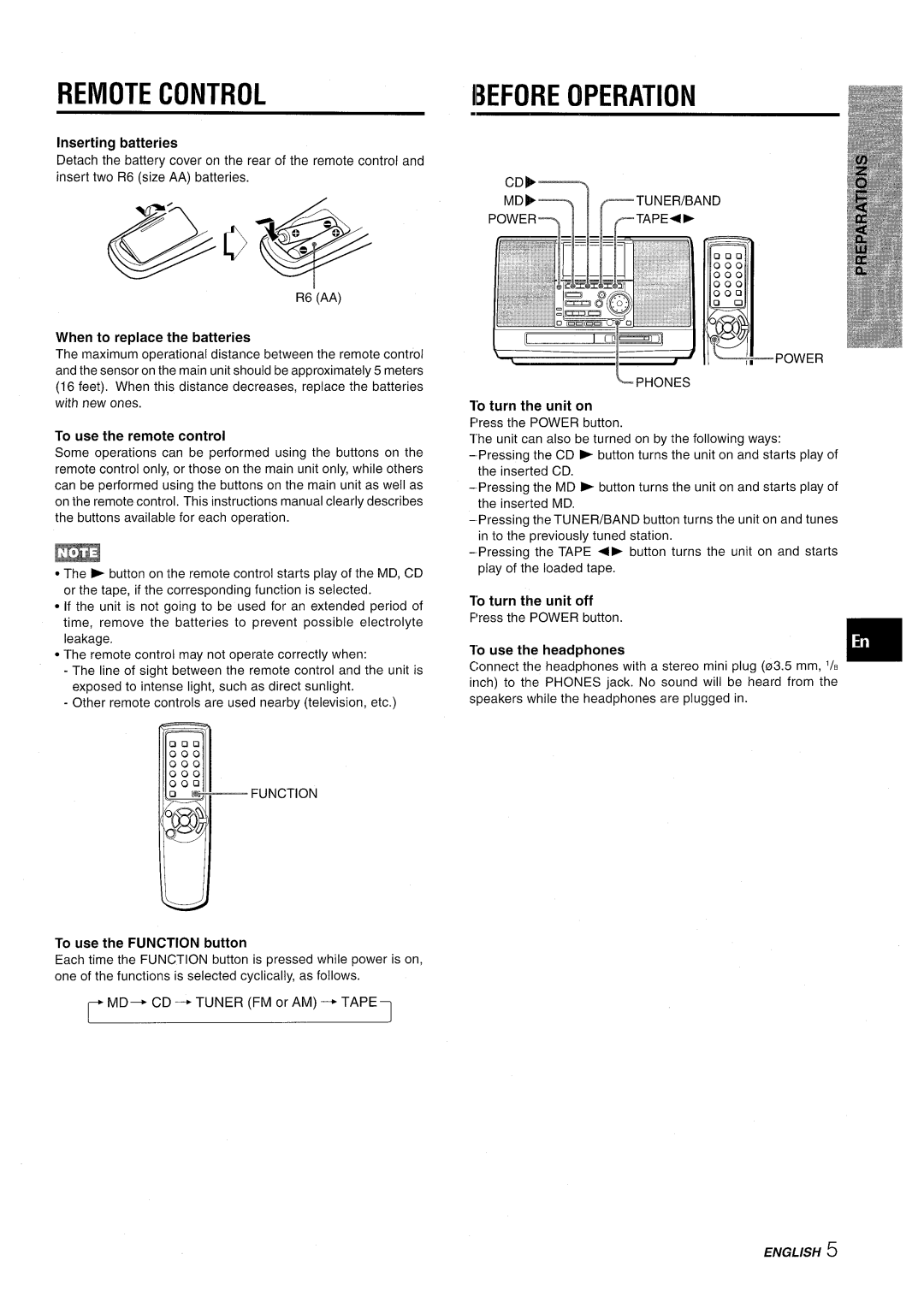 Aiwa CSD-MD50 manual Remote Control, Ibefore Operation, To use the Function button 