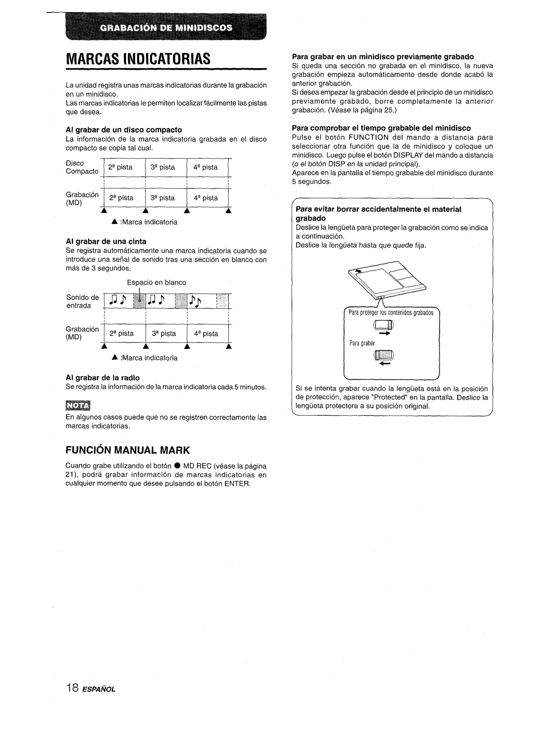 Aiwa CSD-MD50 manual Marcas Indicatorias, Funcion Manual Mark, Al grabar de un disco compacto 